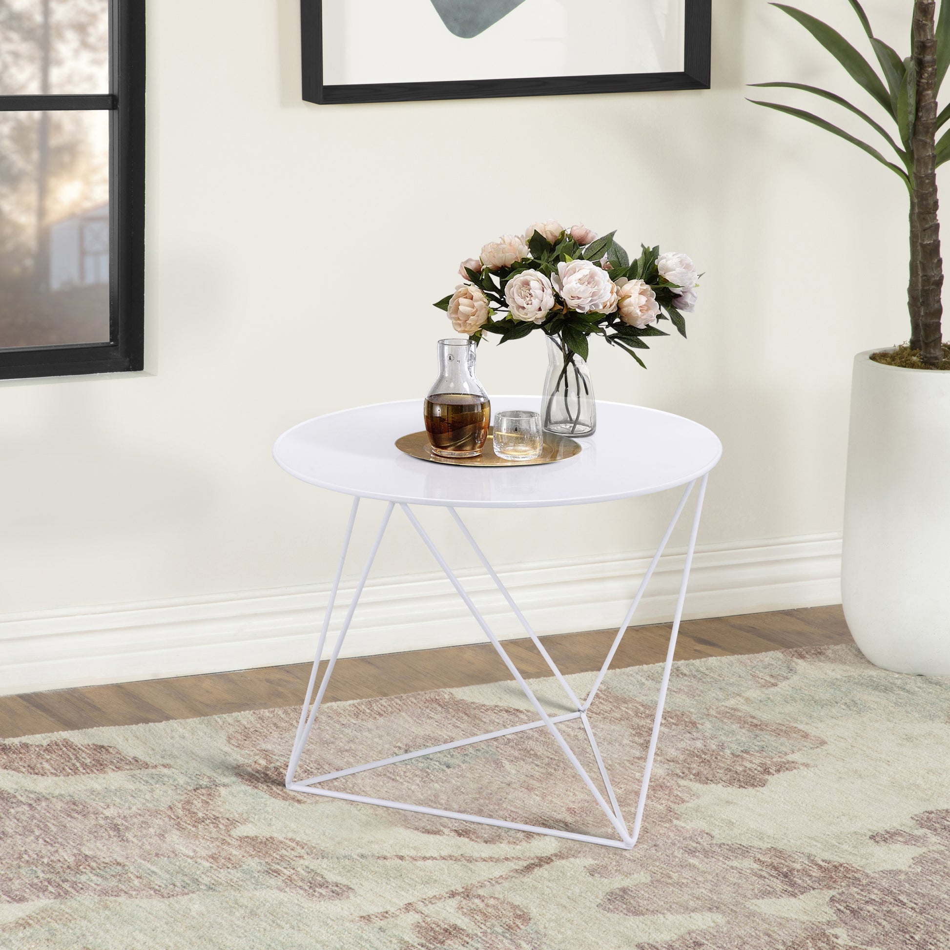 White Geometric Metal Base Accent Table White Primary Living Space Modern Round Metal Sled