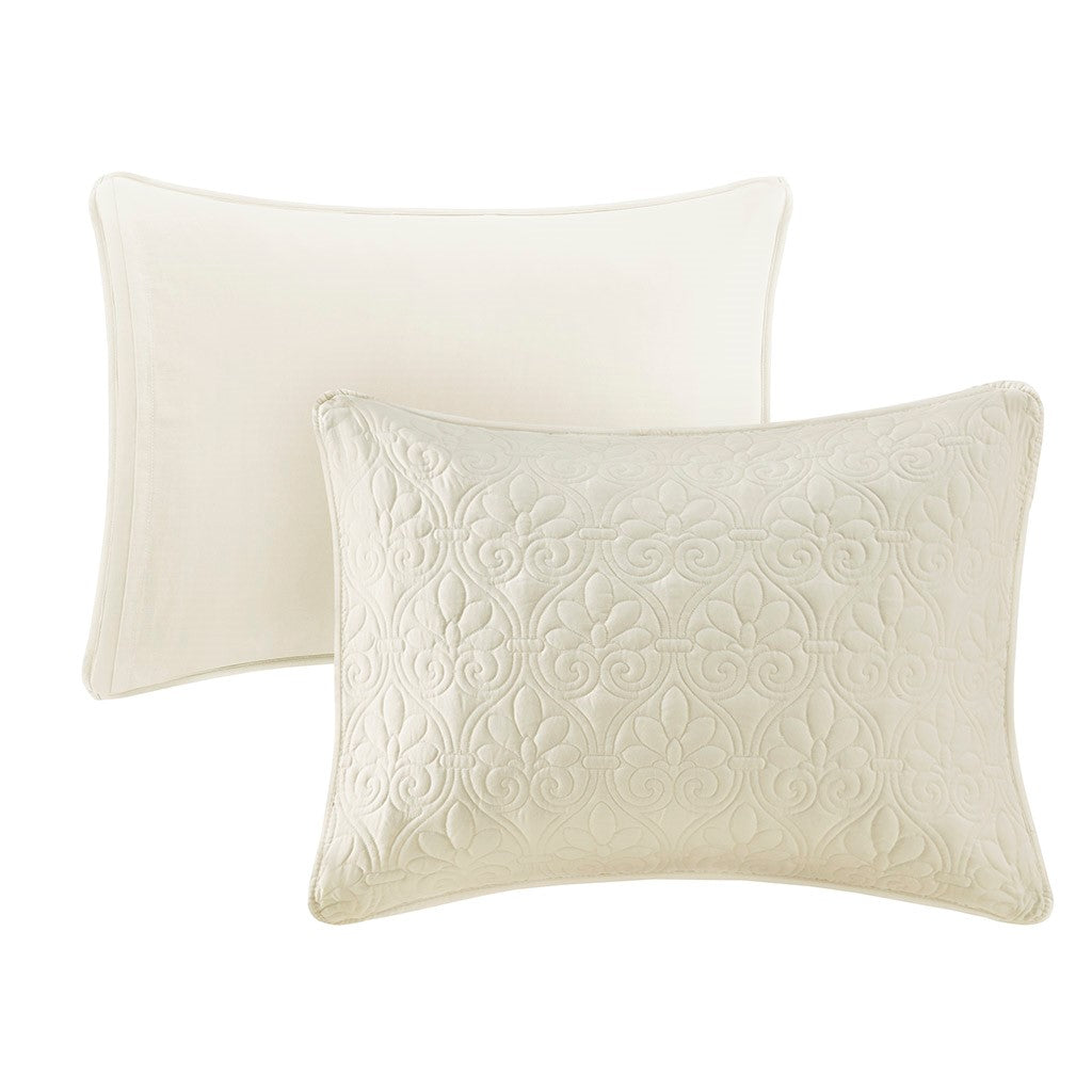 3 Piece Split Corner Pleated Quilted Bedspread Cream Queen Cream Polyester