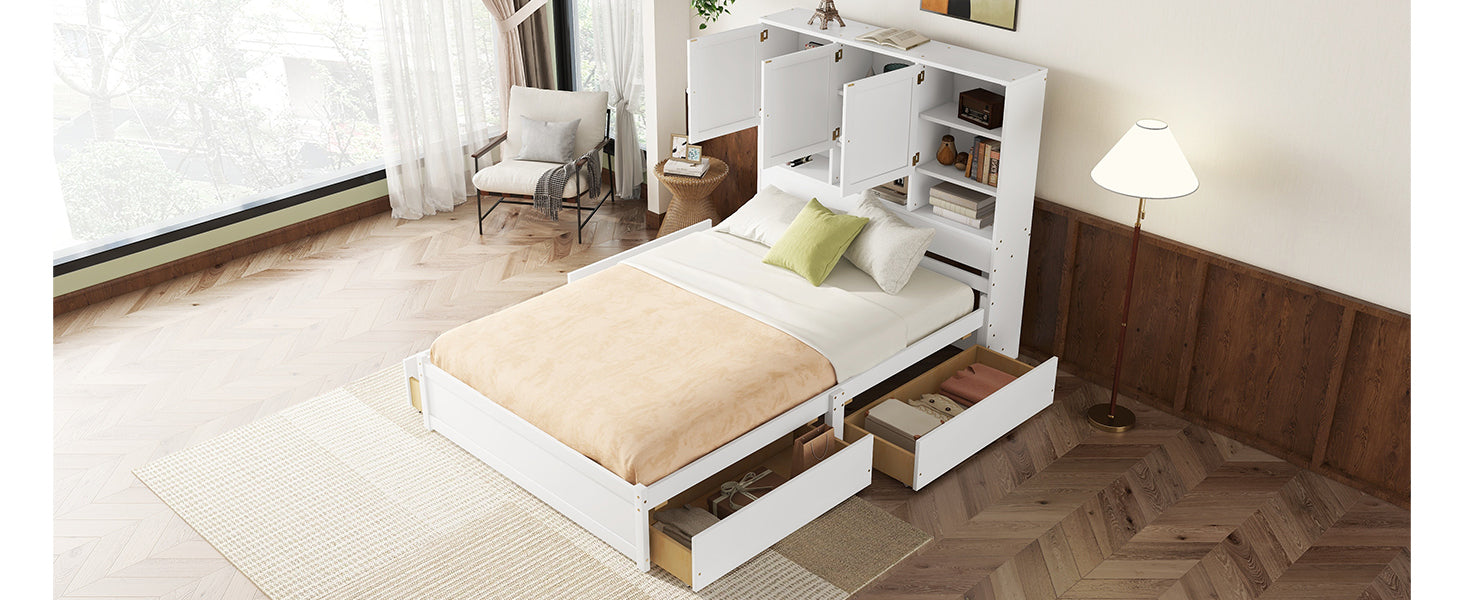 Queen Size Platform Bed With Storage Headboard And 4 Drawers, White Box Spring Not Required Queen White Wood Bedroom Bed Frame Solid Wood Mdf
