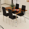 Table And Chair Set.Large Modern Rectangular Table With Brown Glass Top And Silver Metal Legs. Paired With 4 Black Chairs With Checkered Armless High Back Pu Cushion And Silver Metal Legs. Black,Silver Seats 4 Glass Metal