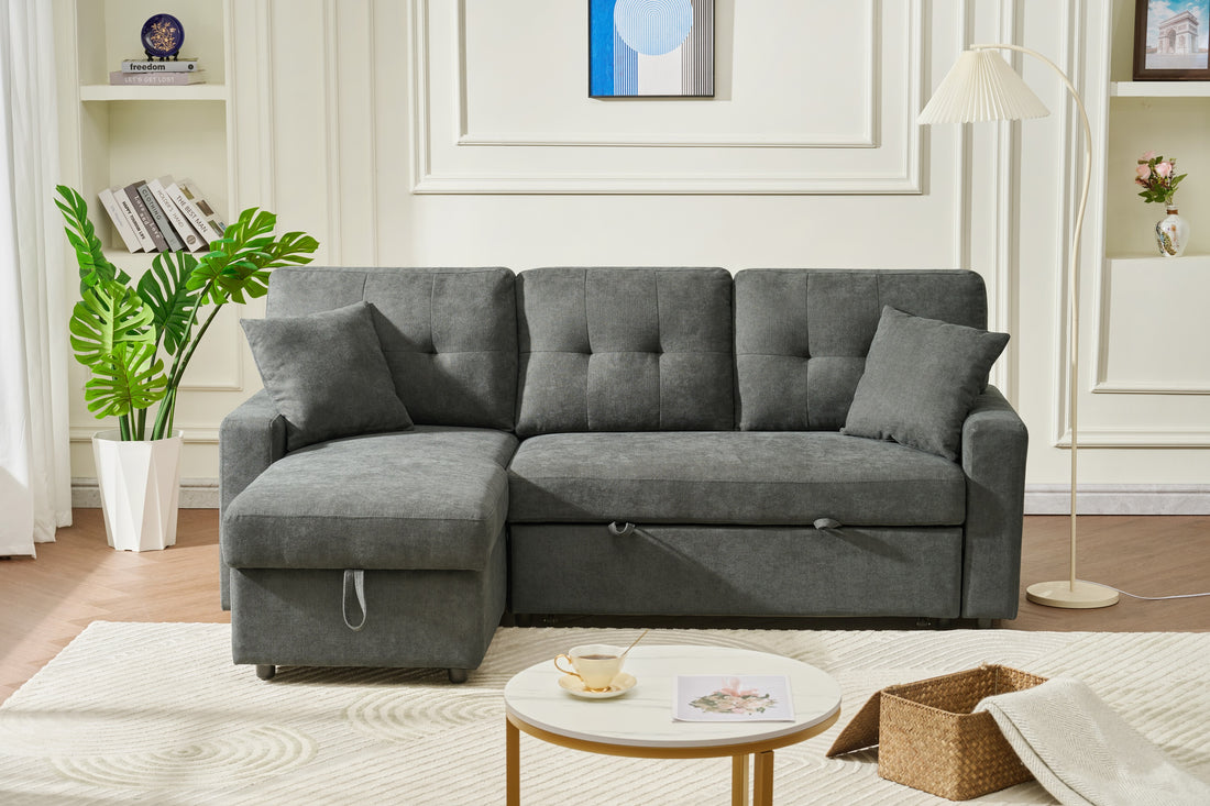 Sectional Sofa Bed L Shaped Sofa Couch Bed With Usb Port, Reversible Sofa Couch Sleeper With Pull Out Bed, Chaise With Storage, Pull Out Couch For Living Room Dark Gray Wood Fabric 3 Seat