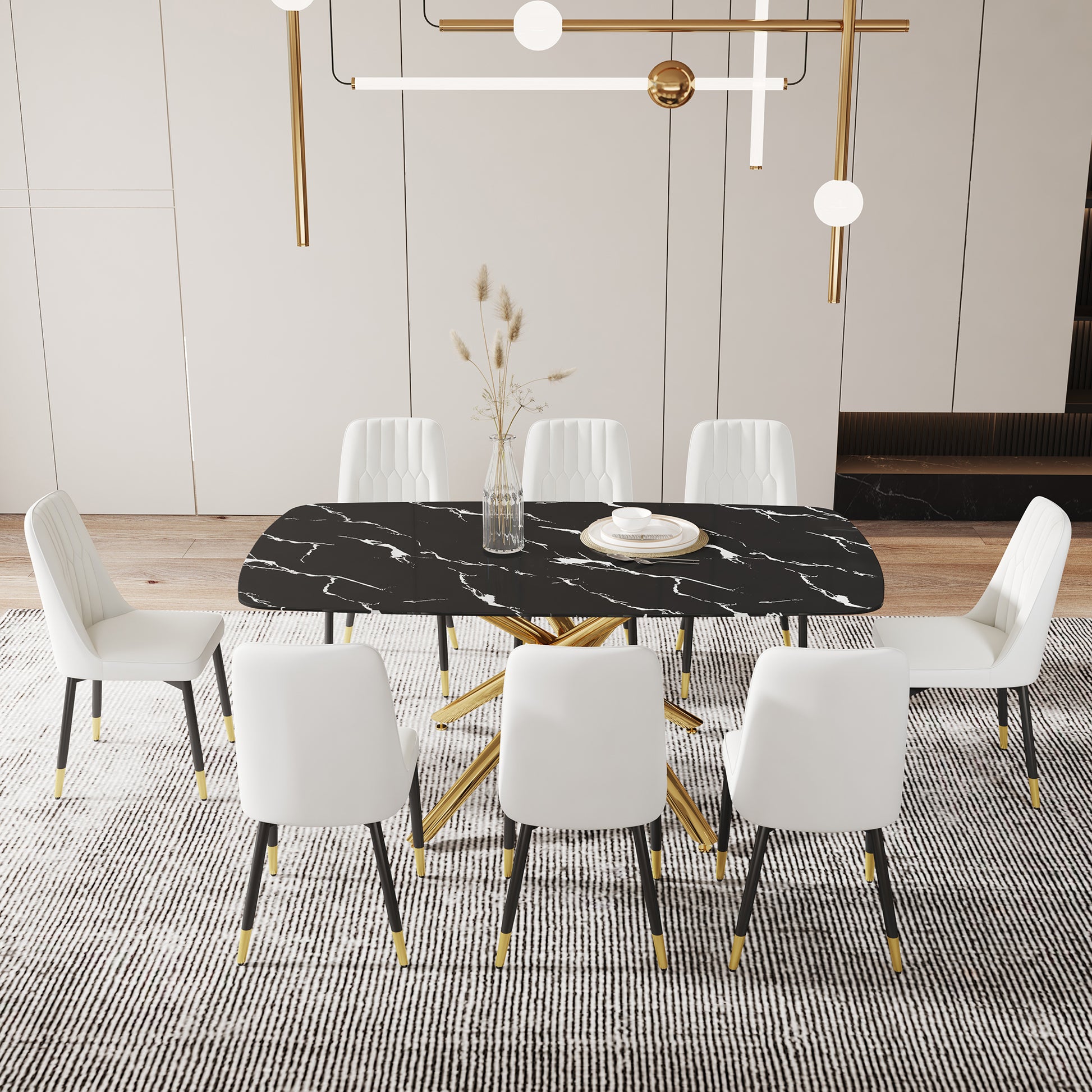 Large Modern Minimalist Rectangular Dining Table With 0.39 "Imitation Marble Black Tabletop And Golden Metal Legs, Paired With Chairs With Pu Cushions And Black Metal Legs. F 1537 C 007 Black Gold Glass Metal