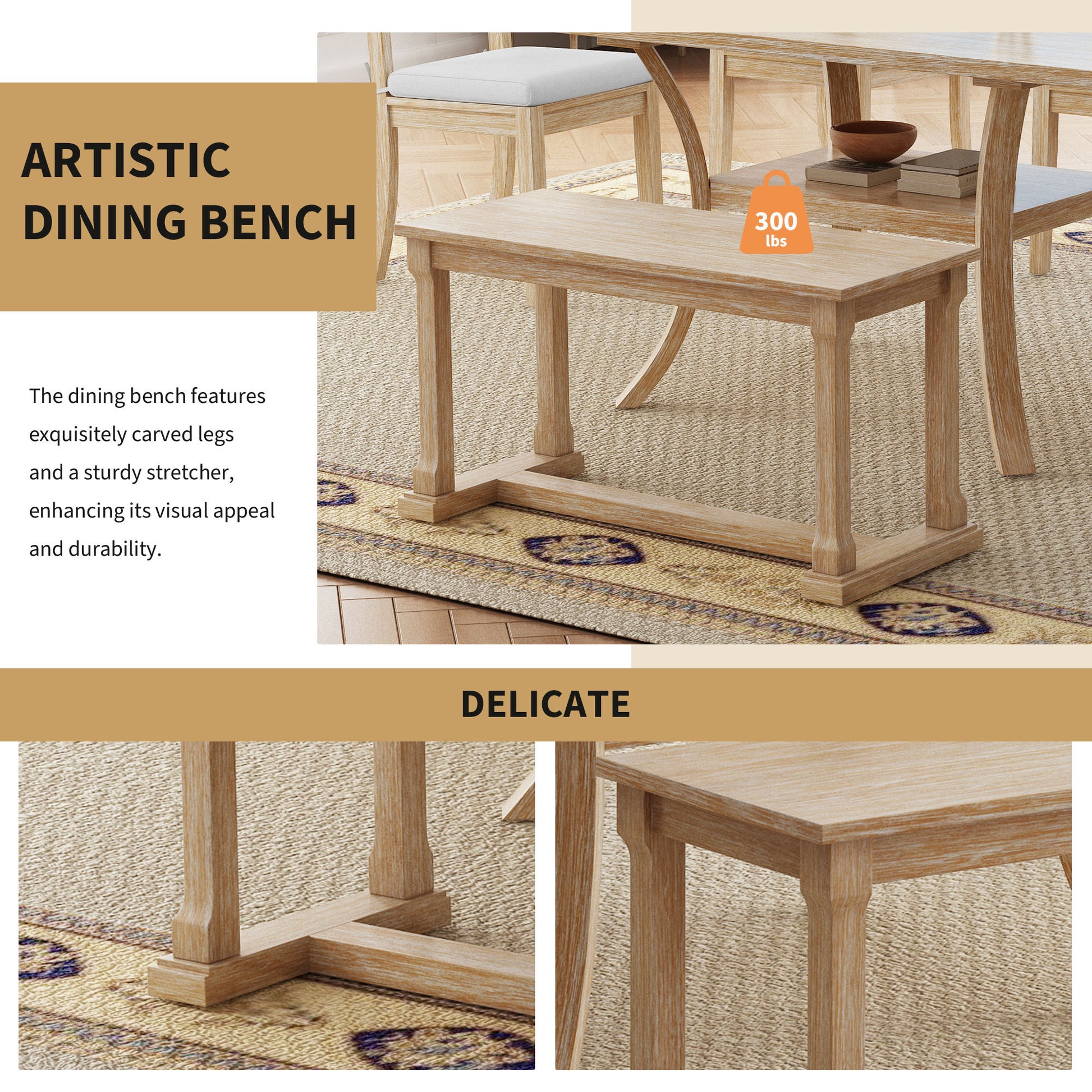 6 Piece Wood Dining Table Set With Storage Shelf And Curved Legs, Kitchen Table Set With Bench And 4 Removable Cushions Dining Chairs, Modern Style, Natural Beige Cushion Wood Dining Room Distressed Finish Rubberwood Rectangular Dining Table With Bench