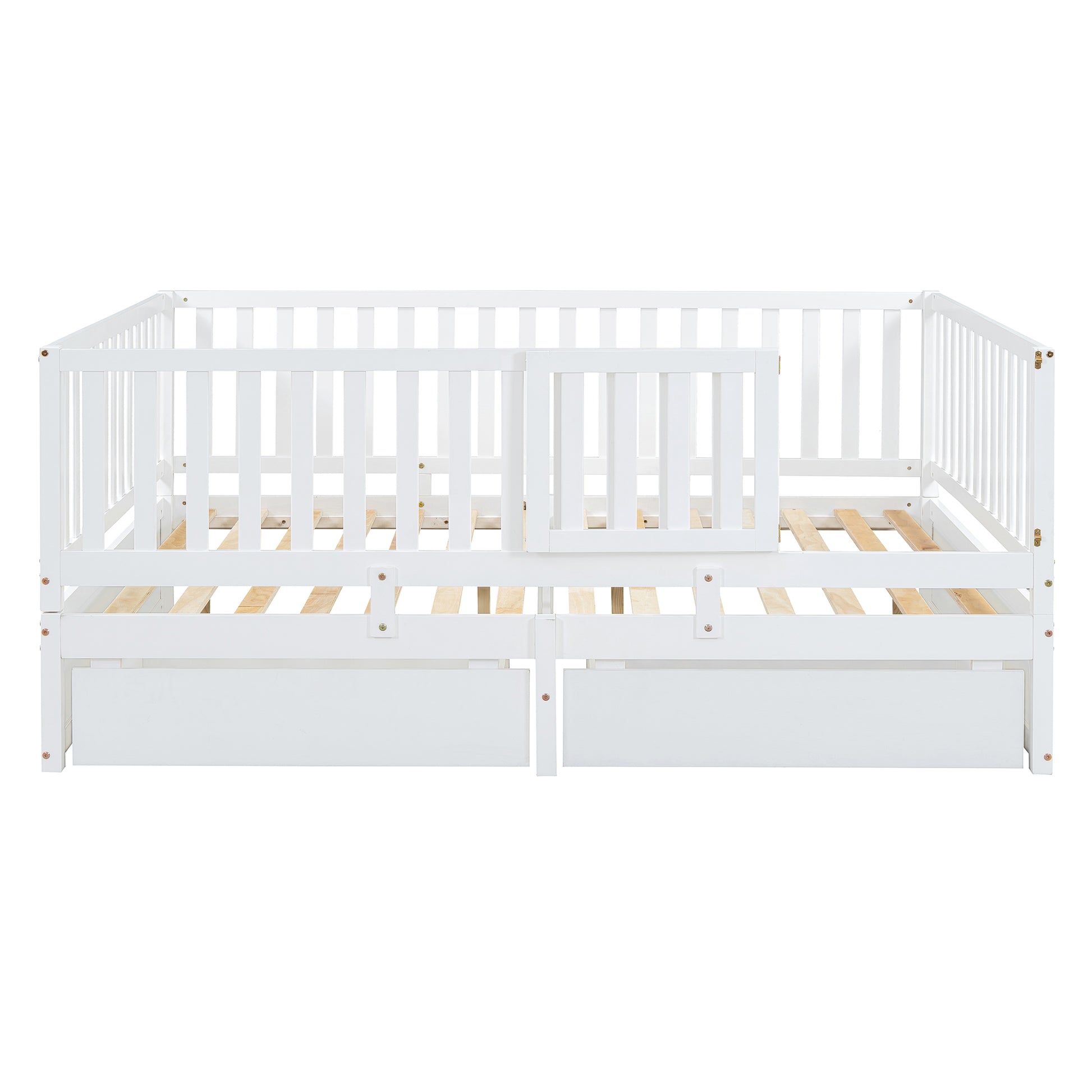 Full Size Wood Daybed With Fence Guardrails And 2 Drawers, Split Into Independent Floor Bed & Daybed, White Old Sku :Lp000882Aak Full White Solid Wood Mdf
