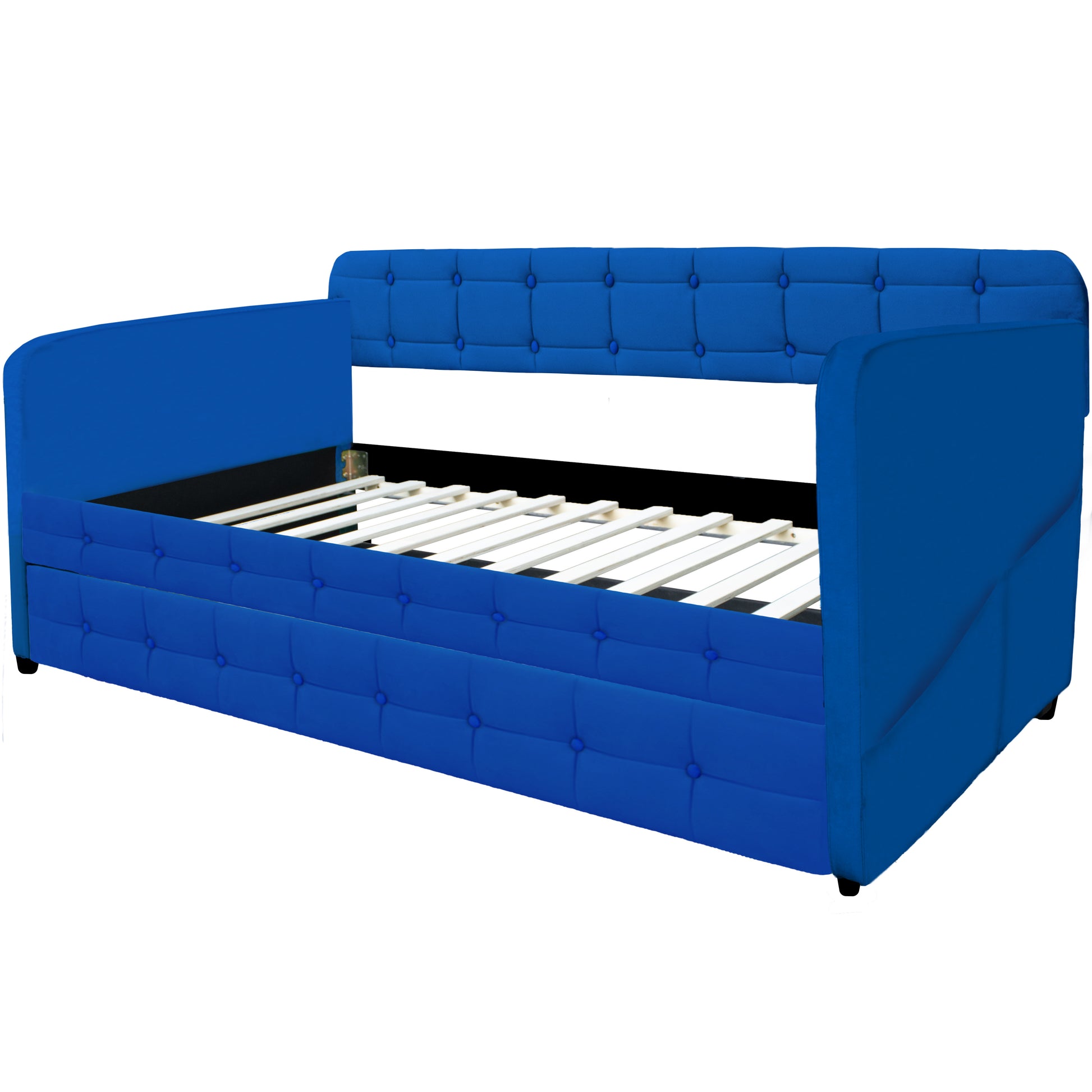 Blue Upholstered Twin Size Daybed With Trundle, Velvet Fabric, No Box Spring Required, Comfortable And Simple Design Models Box Spring Not Required Twin Blue Wood Espresso Bedroom Artsy,Classic,Retro Rubberwood Fiber Foam And Polyester Fiber Pad Velvet