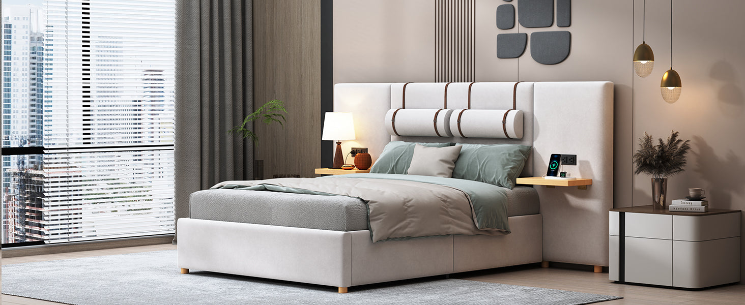 Full Size Upholstered Platform Bed, Two Outlets And Usb Charging Ports On Both Sides, Two Bedside Pillows, Storage Shelves,Velvet,Beige Full Beige Mdf Lvl
