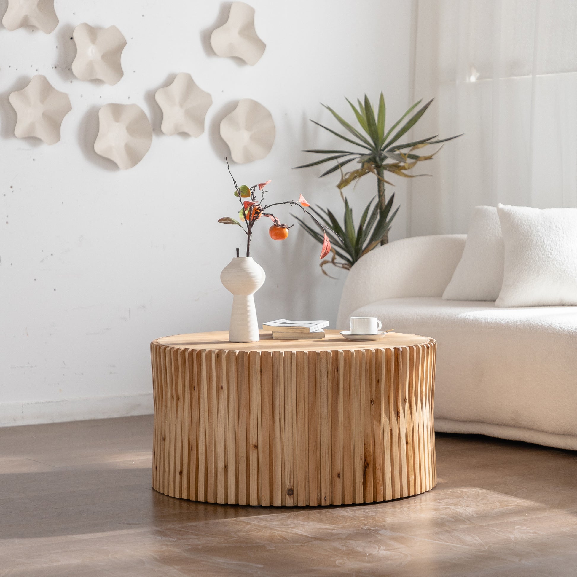 31.5" Retro Fashion Style Cylindrical Coffee Table With Vertical Texture Relief Design,Suitable For Living Room,Office,And Dining Room Natural Fir Wood