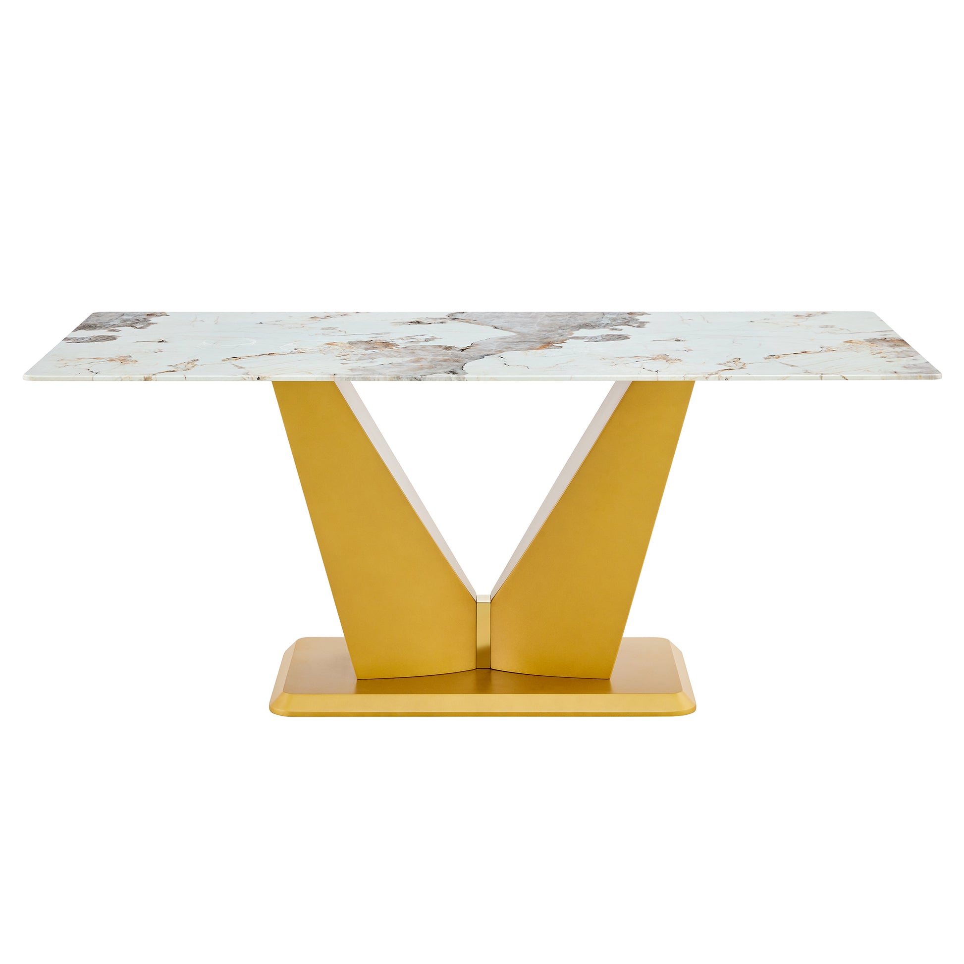 Modern Minimalist Rectangular Dining Table, 0.4 "Thick, Imitation Marble Patterned Glass Tabletop, Gold Mdf Legs. "71" * 35.4" *30" Gold Mdf Glass