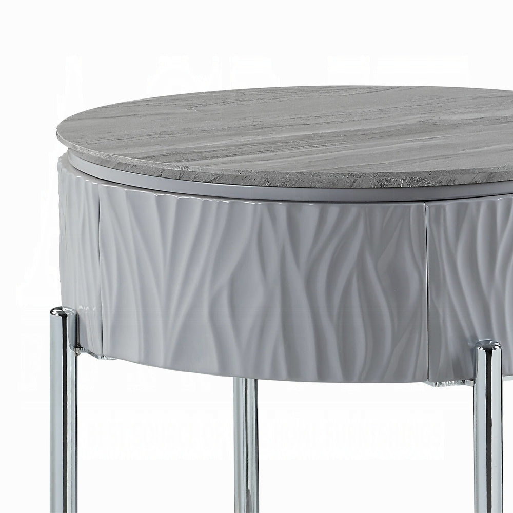 Grey High Gloss And Chrome End Table With Drawer Grey Silver Primary Living Space Shelves Round Wood Metal