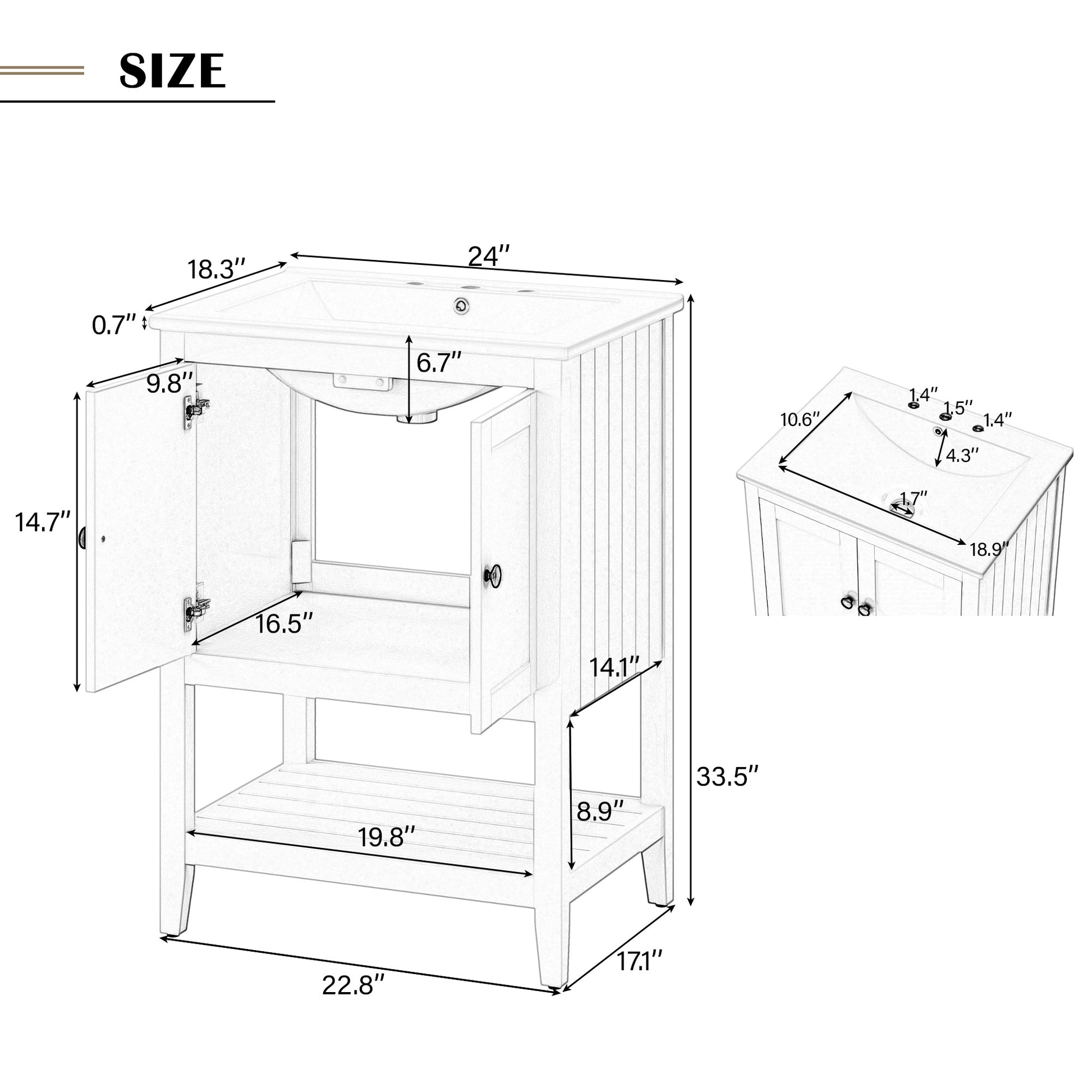 24" White Modern Sleek Bathroom Vanity Elegant Ceramic Sink With Solid Wood Frame Open Style Shelf White Solid Wood