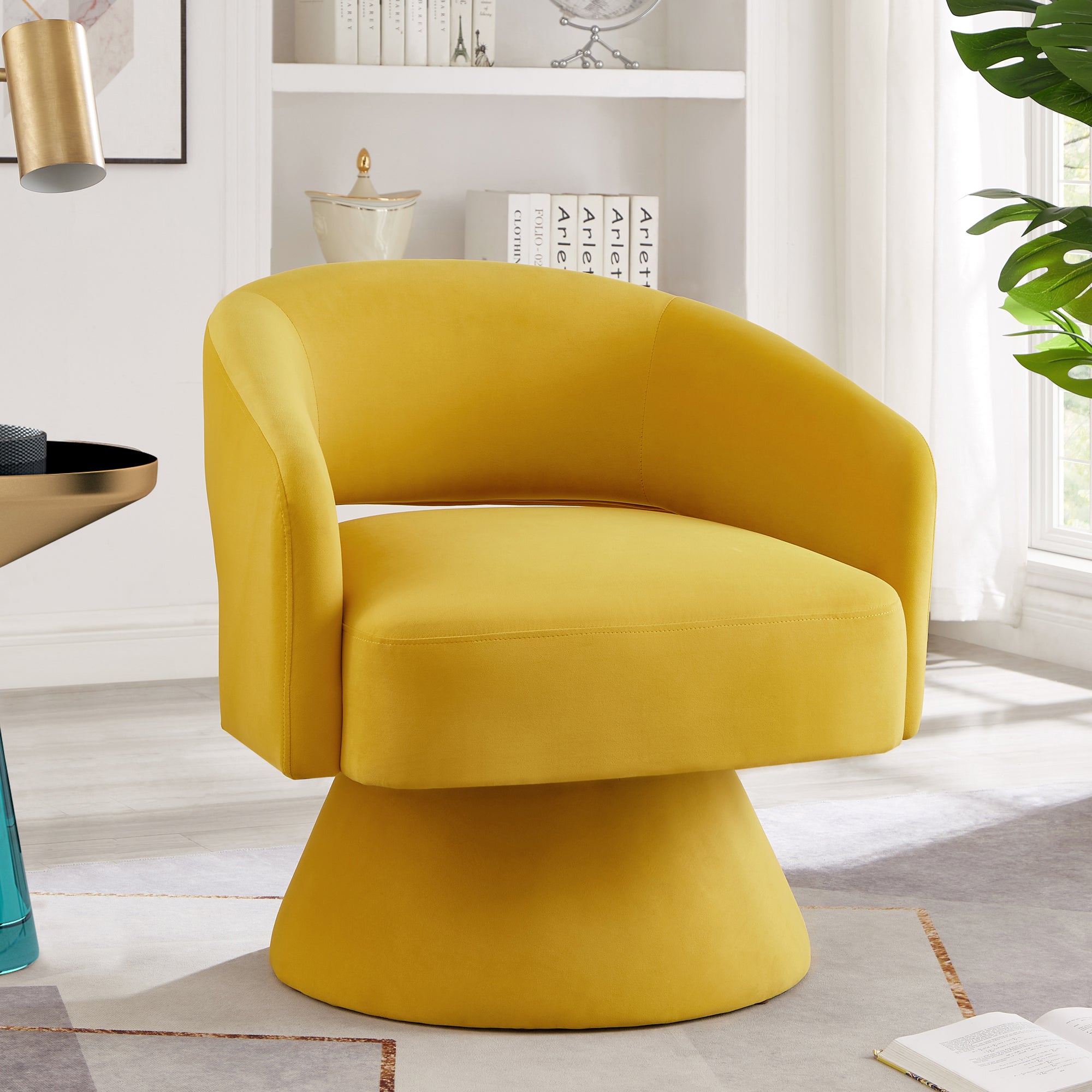 Modern Swivel Barrel Chair, Upholstered Velvet Round Accent Chairs,360 Degree Comfy Swivel Chair With Open Backrest, Single Chair Armchair For Living Room Bedroom, Homerest, Yellow Yellow Primary Living Space American Design,Contemporary,Luxury,Mid