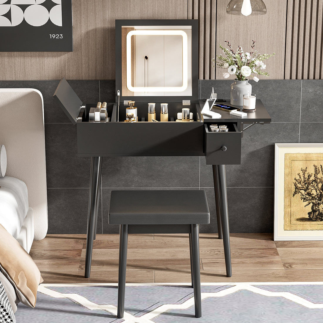 27.9'' Black Makeup Vanity Desk With Flip Top Mirror And Led Light, Dressing Table With Charging Station, 2 Drawers And Fold Up Panel, Vanity Set With Cushioned Stool For Bedroom Black