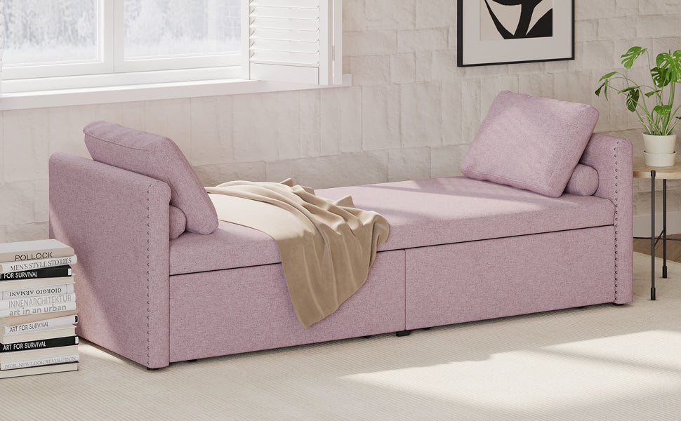 Modern Upholstered Chaise Lounger Daybed Small Single Daybed With 2 Drawers, No Mattress Needed, Perfect For Living Rooms & Home Office, Linen Fabric, Pink Pink Linen