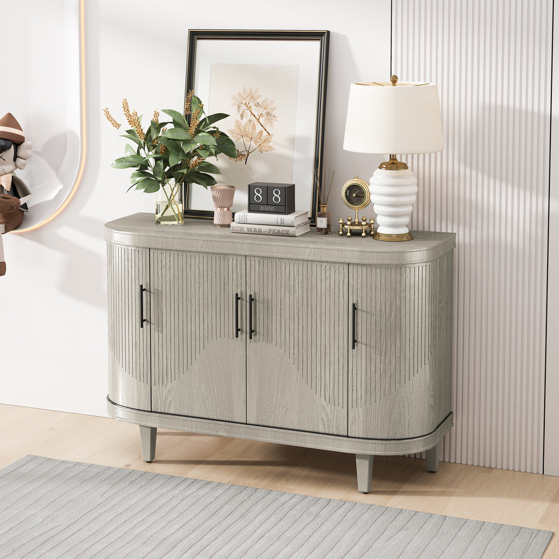 Modern Curved Sideboard 47.2 Inch Decorative Storage Cabinet Wooden Console Table Coffee Bar Cabinet With 4 Doors And Adjustable Interior Shelves For Living Room, Kitchen, Bedroom, Hallway Champagne