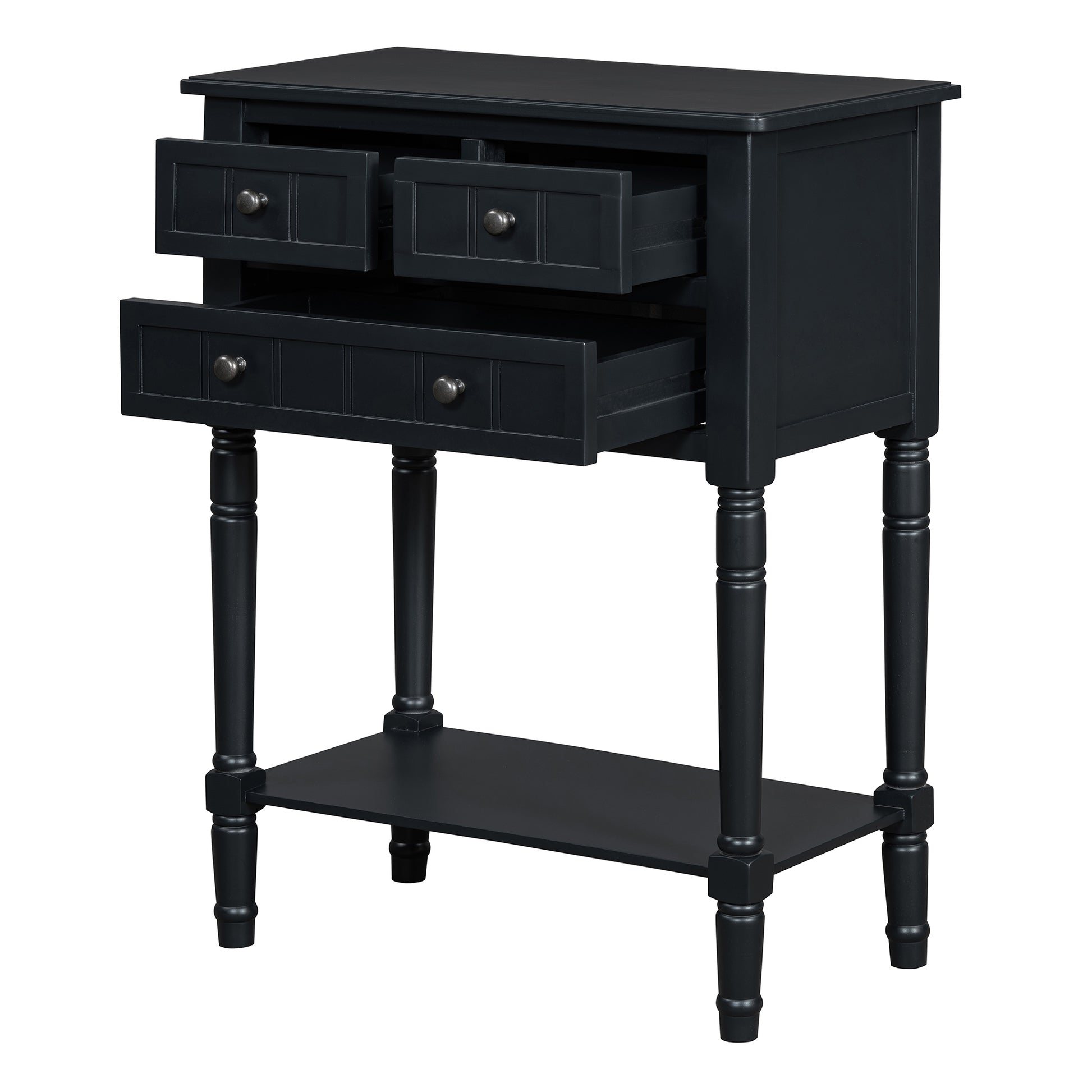 Narrow Console Table, Slim Sofa Table With Three Storage Drawers And Bottom Shelf Black Black Solid Wood Mdf