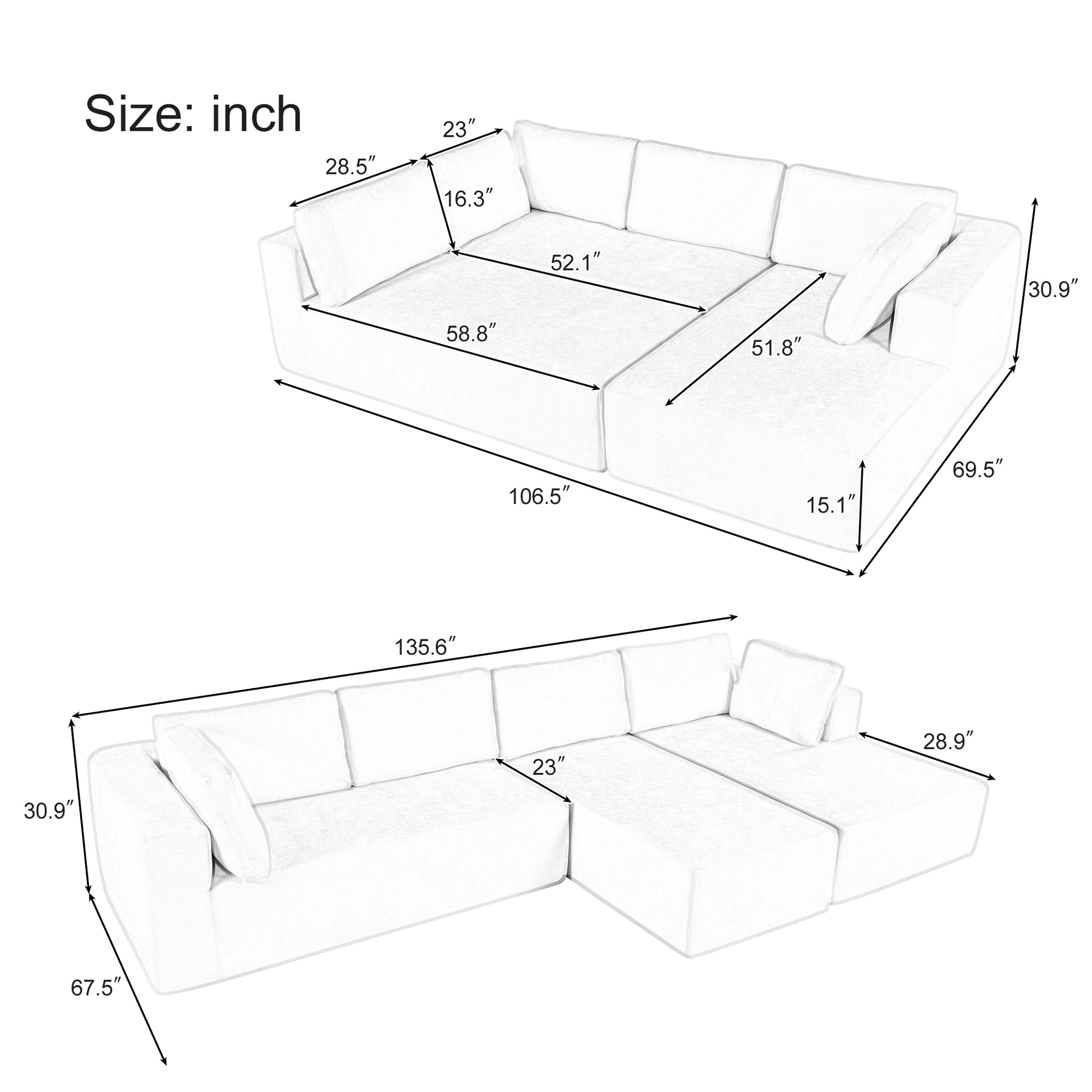 Modern Large Modular Sectional Sofa For Living Room, Bedroom, Salon, 3 Piece Free Combination Gray Polyester 3 Seat