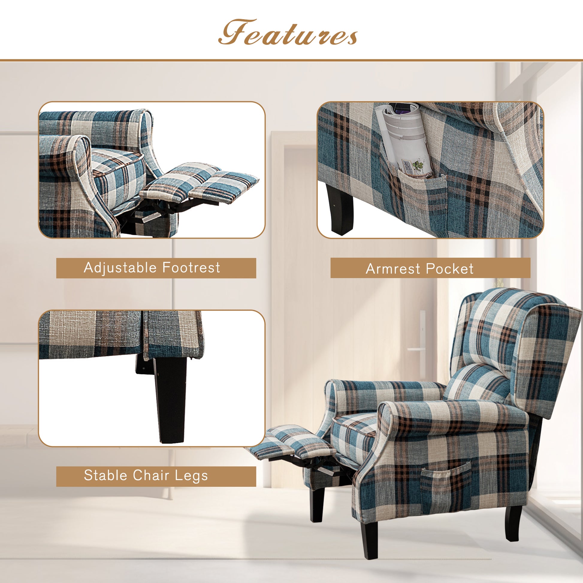 Vintage Armchair Sofa Comfortable Upholstered Leisure Chair Recliner Chair For Living Room Blue Check Blue Fabric 1 Seat