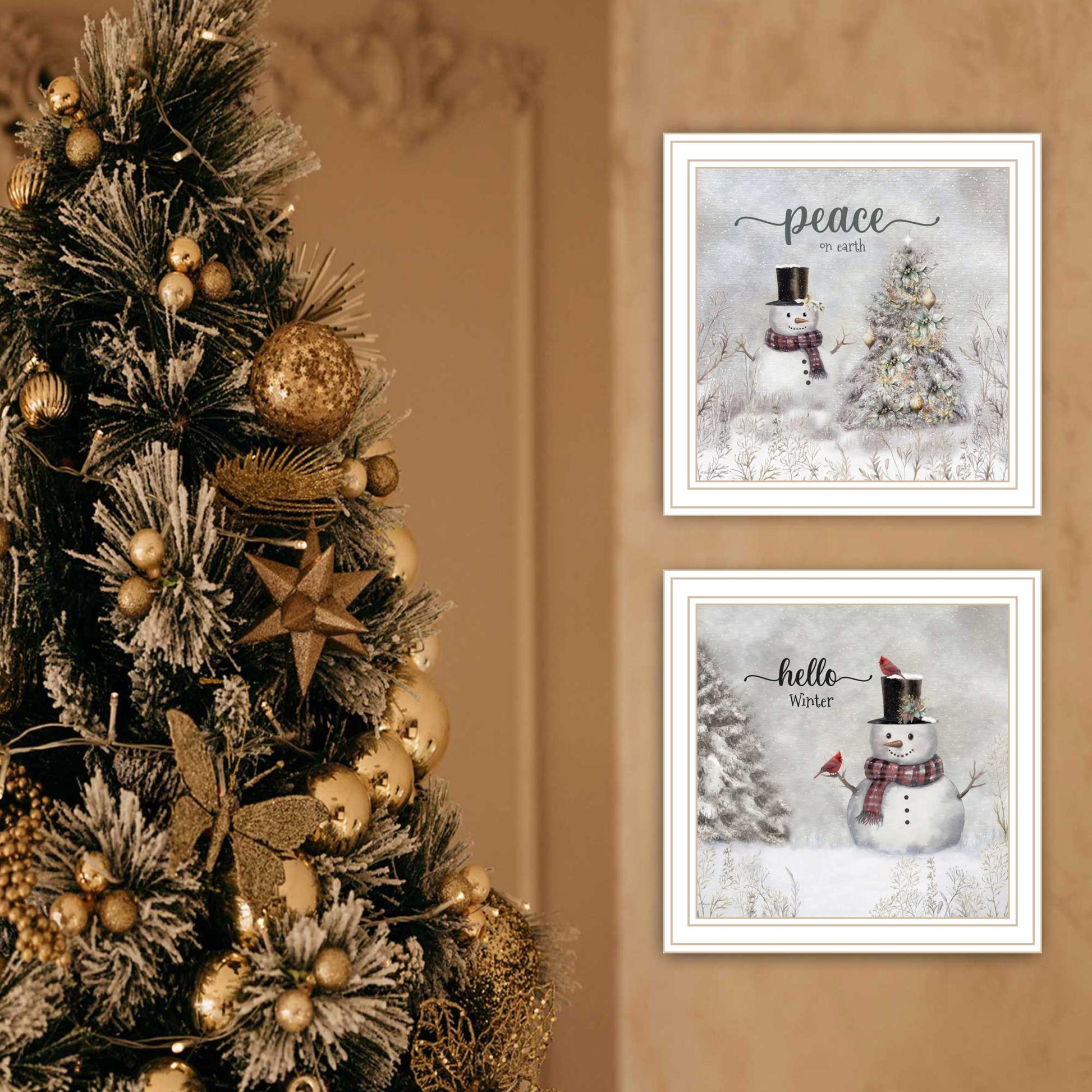 2 Piece Vignette Winter Peace On Earth White Framed Wall Art For Living Room, Holiday Wall Art Print For Home Decor, Bedroom Wall Art By Robin Lee Viera Multicolor Wood Paper
