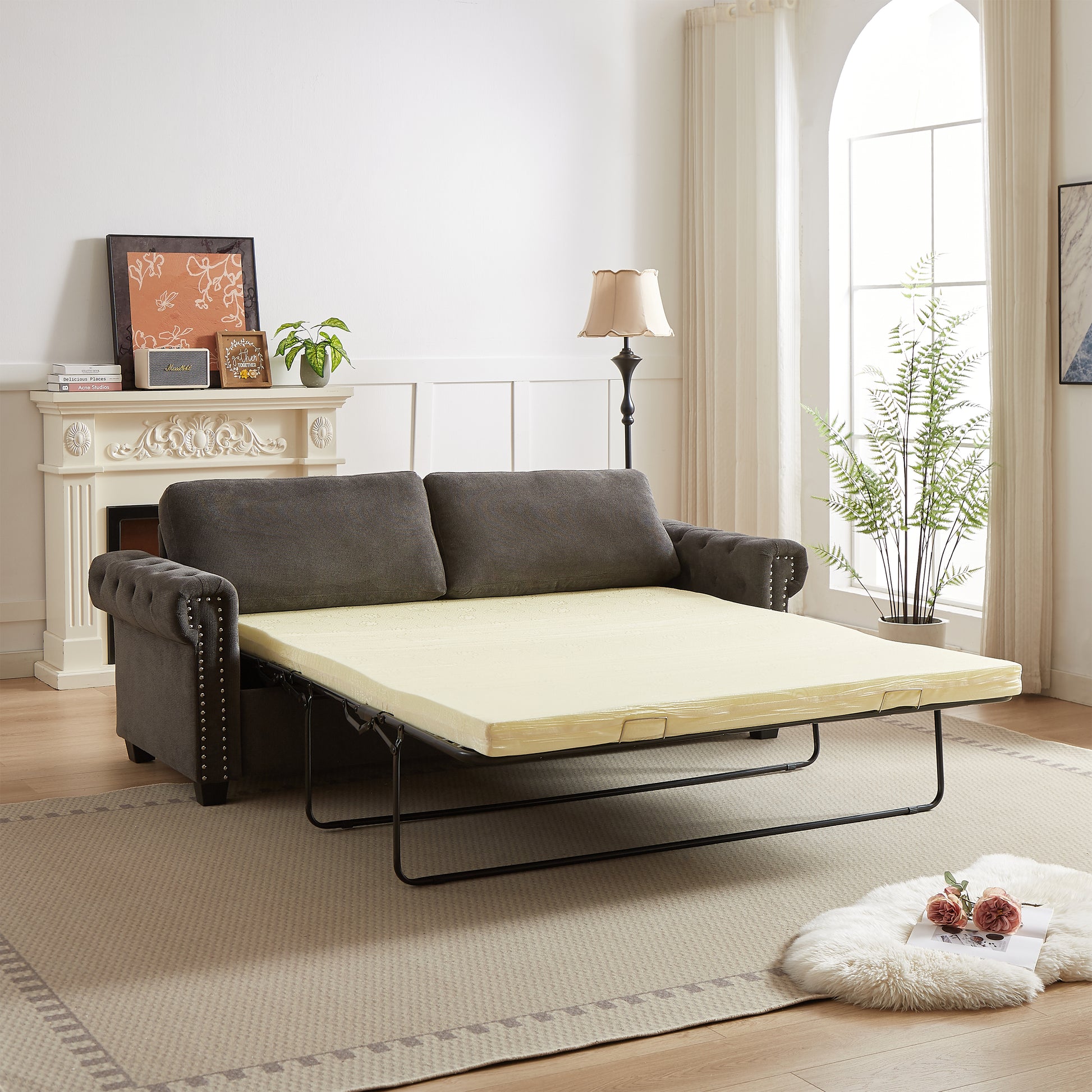 Fx 83.8" Convertible Sleeper Sofa Bed, 2 In 1 Pullout Sofa Bed, Polyester Sleeper Sofa Bed With Folding Mattress, Living Room Pullout Sofa Bed, Apartment Small Space Sofa Sleeper Gray Polyester Foam Fabric 3 Seat