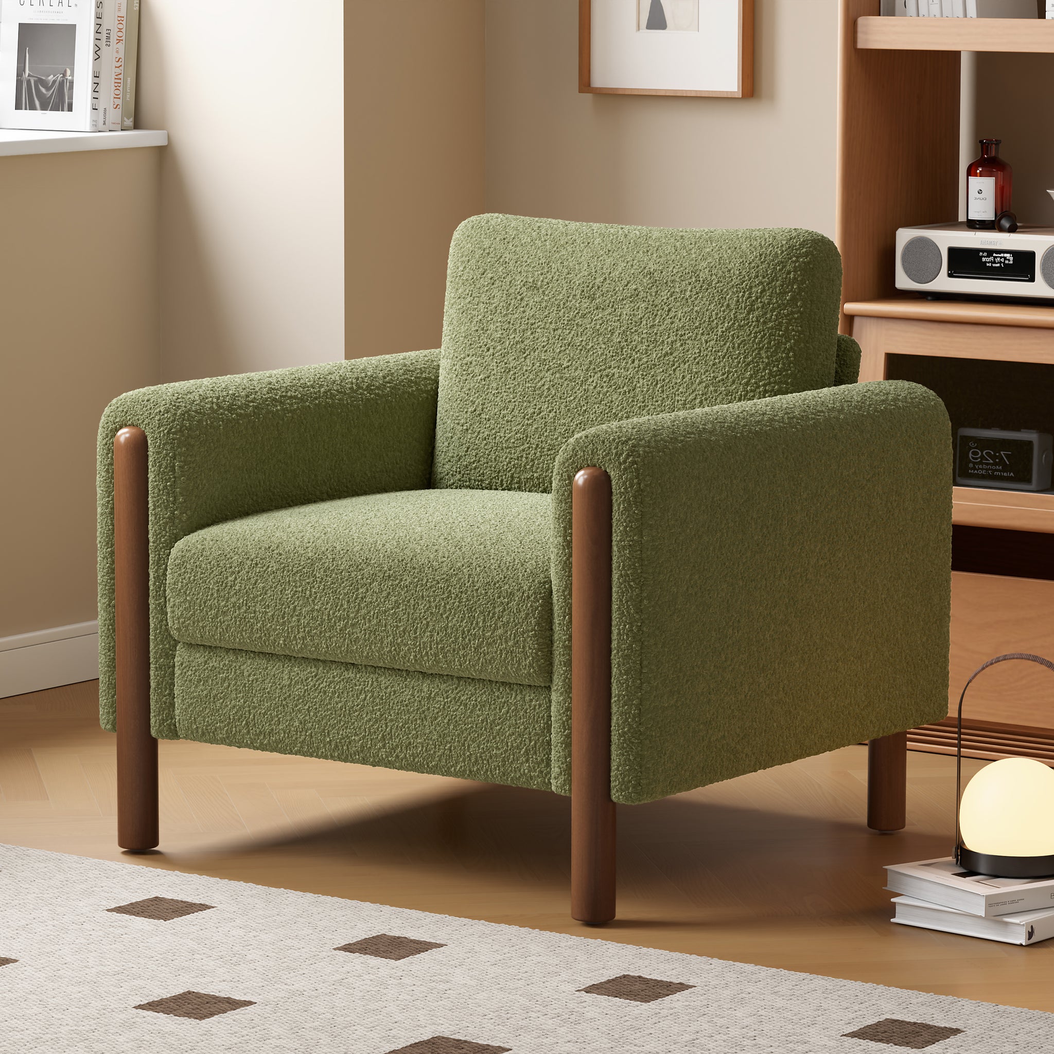 Oversized Accent Chair, Upholstered Living Room Chairs Single Sofa Chair With Walnut Legs, Curved Handrail, Green Green Teddy