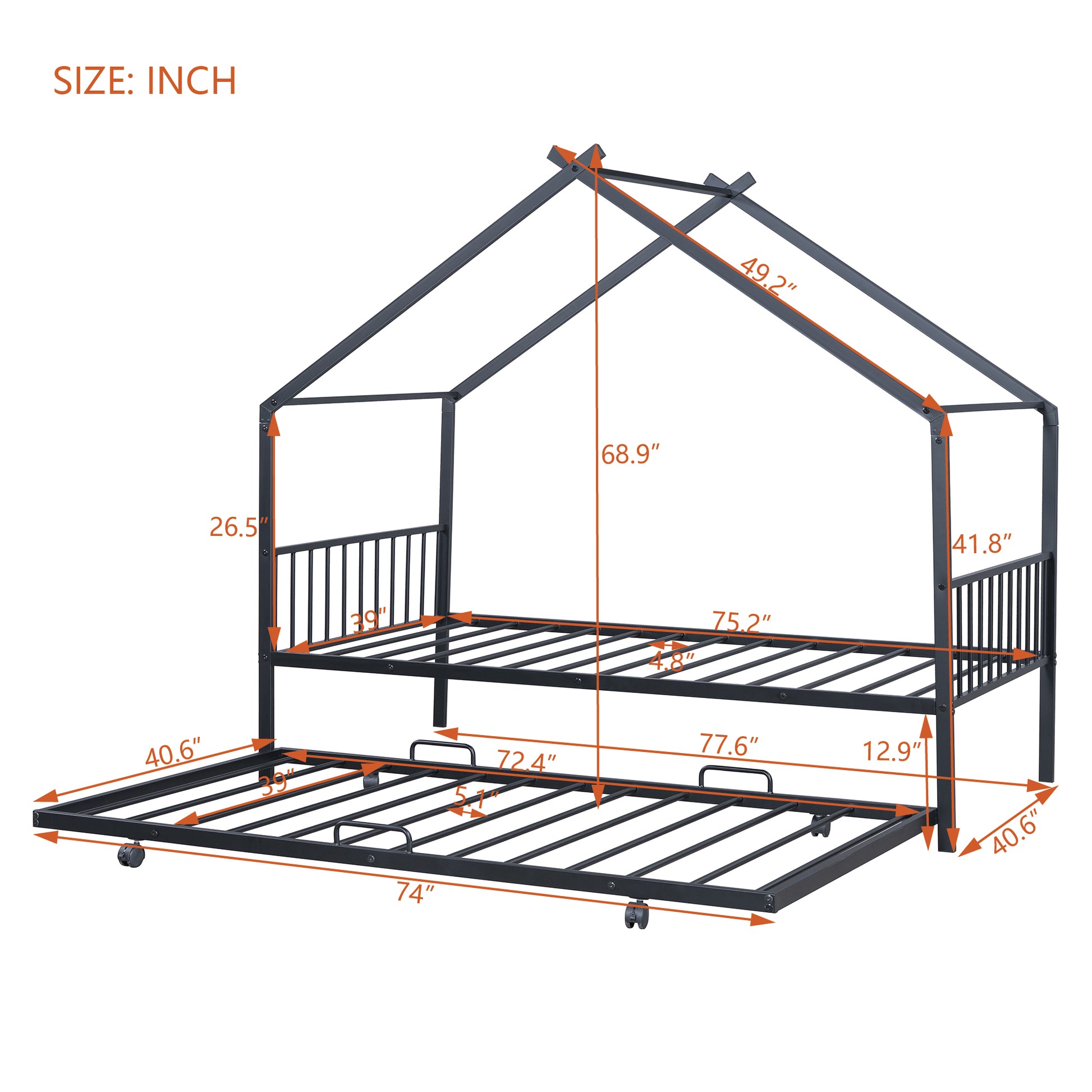 Twin Size Metal House Bed With Twin Size Trundle, Black Twin Black Metal