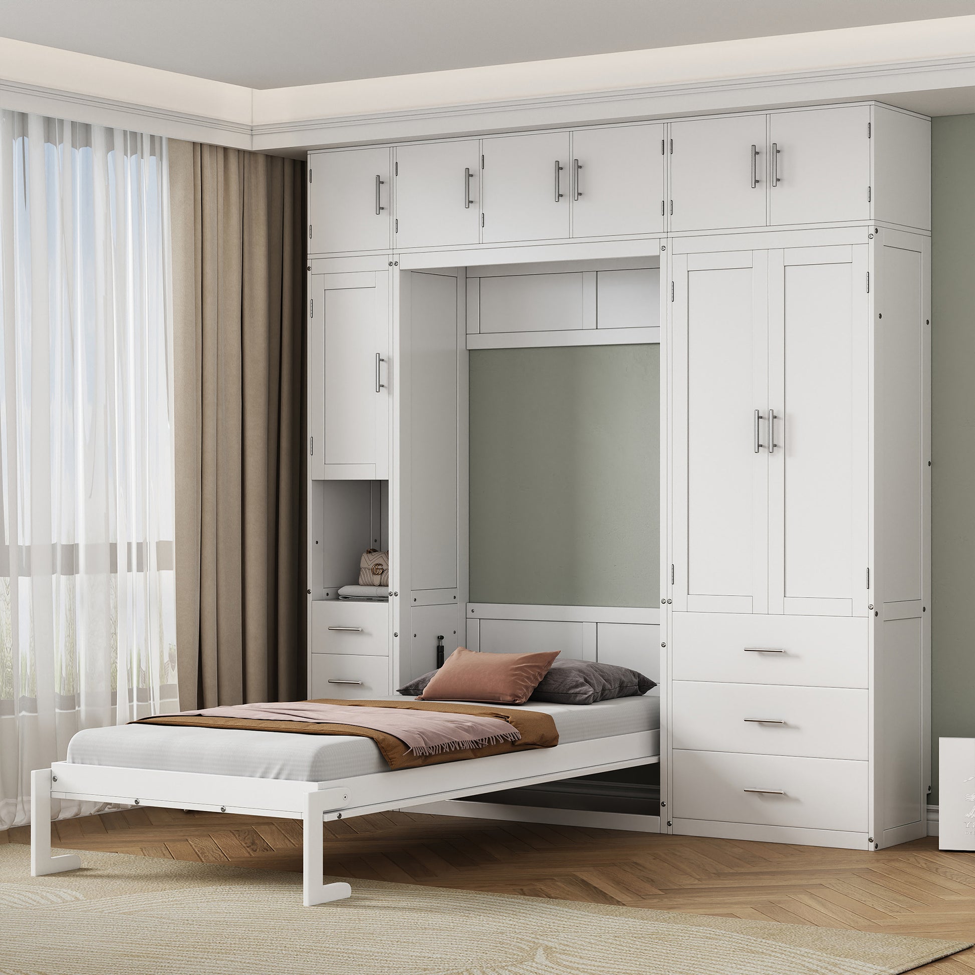 Twin Size Murphy Bed With Lockers And Wardrobes, With Installation Video, White Box Spring Not Required Twin White Murphy Solid Wood Mdf