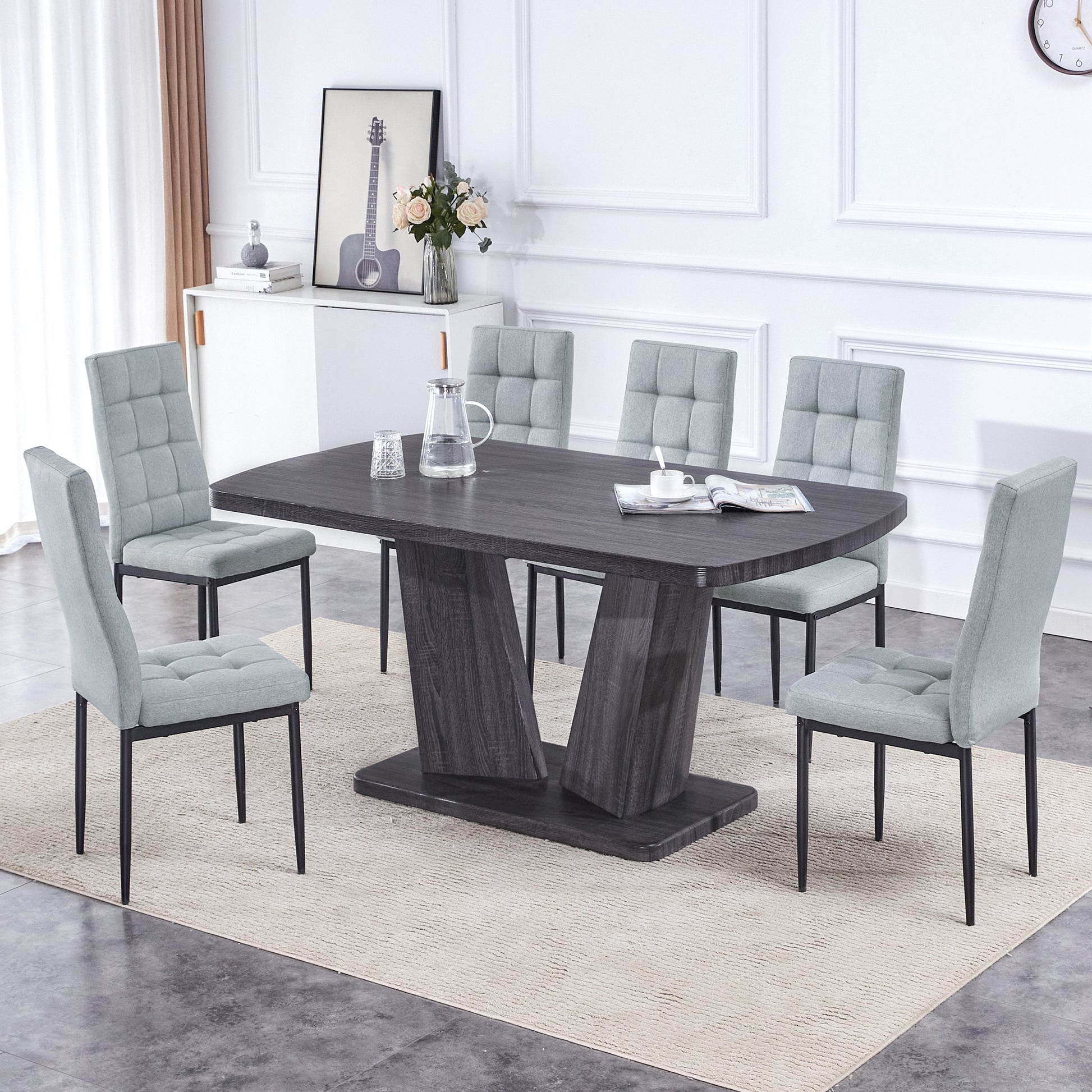 Dining Table Set For 6, 7 Piece Kitchen Table Chairs Set, 1.8" Thickness Tabletop And V Shaped Table Legs, Modern Dining Room Set With 63 Inch Dinner Table And 6 Upholstered Chairs For Dining Room Metal Gray Dining Room Classic,Mid Century Modern,Modern