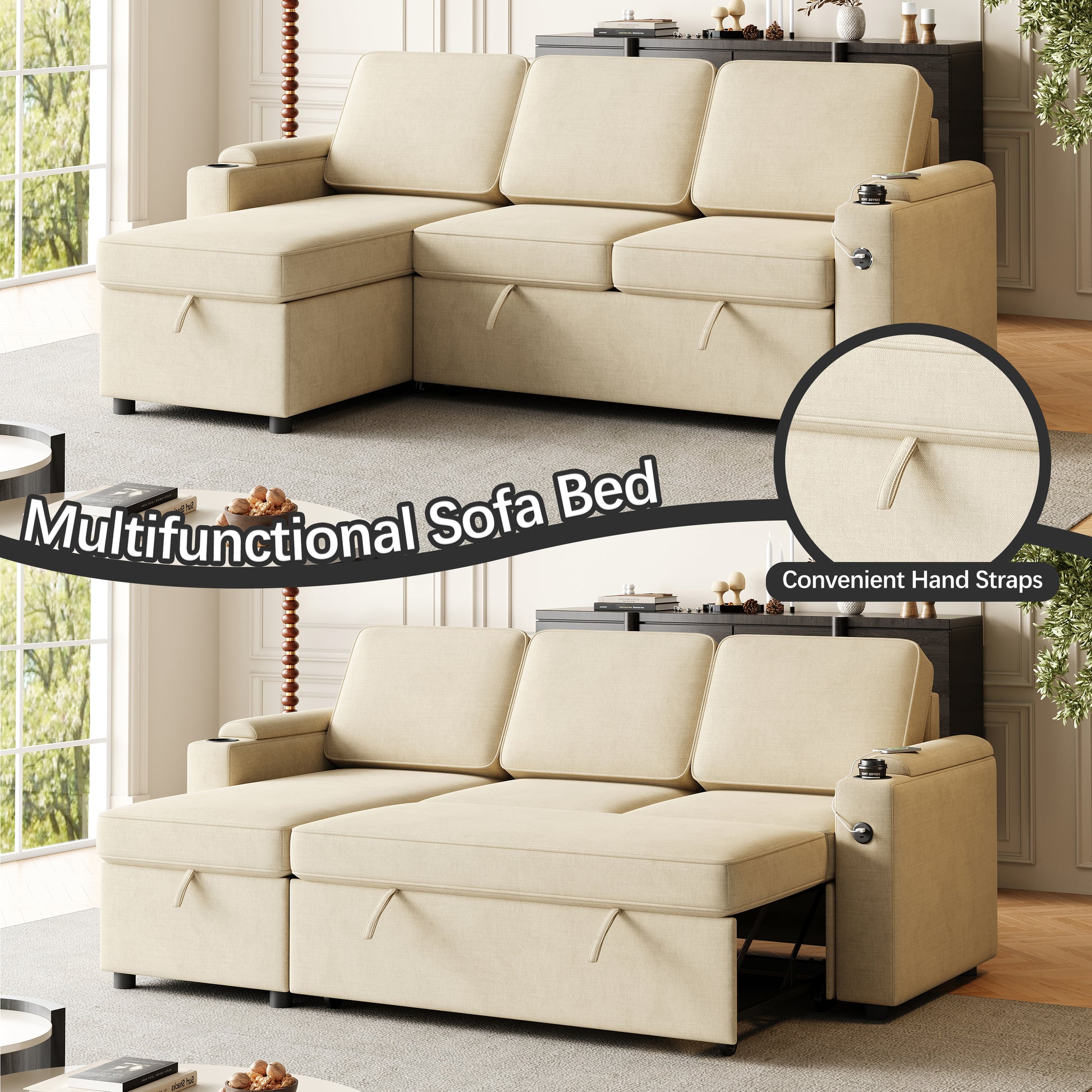 Mh85.8" Sleeper Sofa, Sofa Bed 2 In 1 Pull Out Sofa Bed With Storage Sofa, Sofa Sleeper With Pull Out Bed With Charging Port Beige Primary Living Space Eucalyptus Polyester Fabric 3 Seat