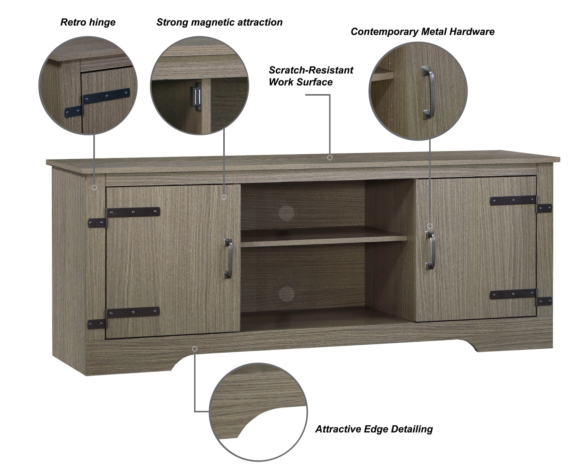 Tv Stand Walnut Wood Grain Tv Stand With Adjustable Shelves Durable Media Console With Metal Accents And Magnetic Closure For Living Room Grey 70 79 Inches Solid Wood