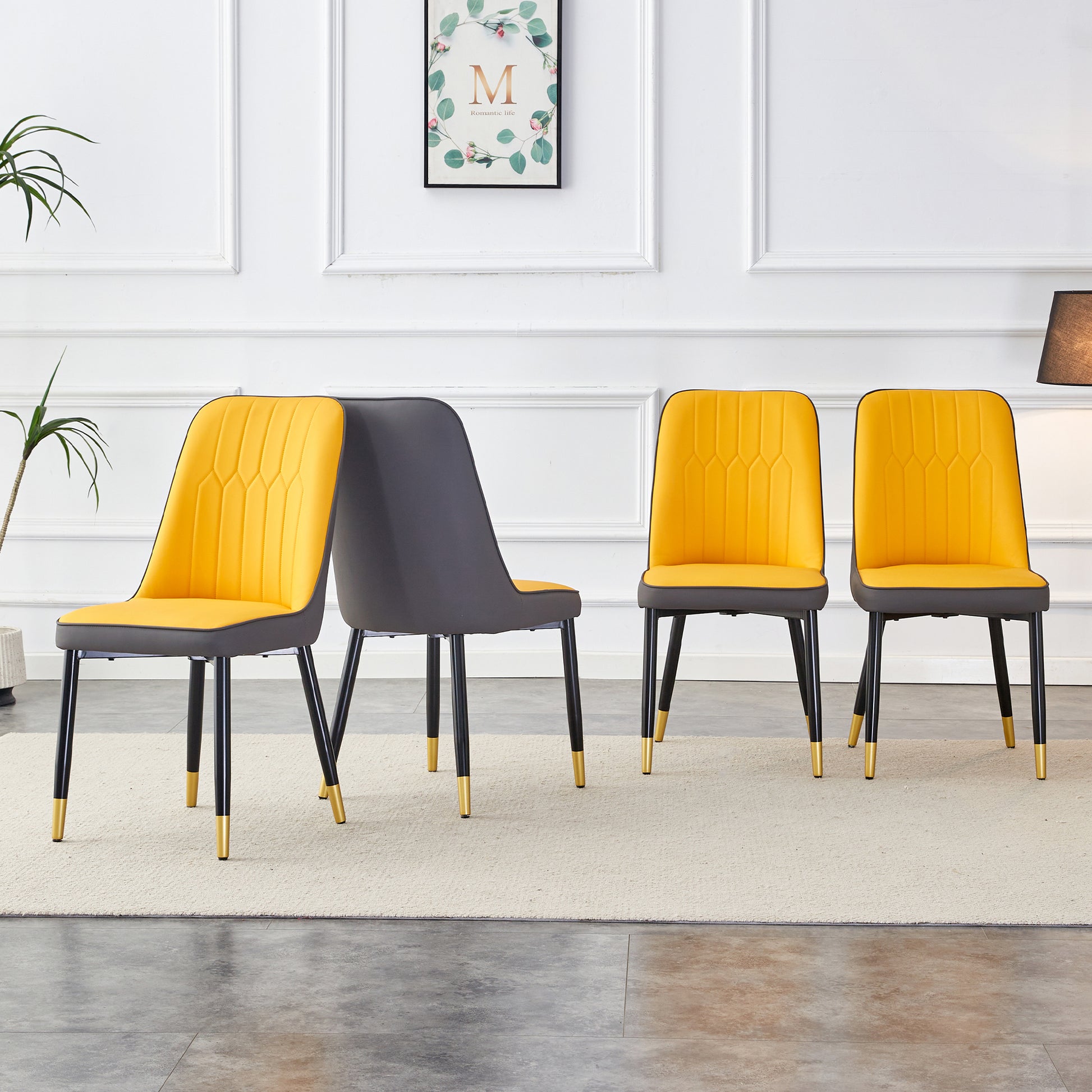 Large Modern Minimalist Rectangular Dining Table With 0.39 "Imitation Marble Black Tabletop And Golden Metal Legs, Paired With Chairs With Pu Cushions And Black Metal Legs. F 1537 C 007 Black Gold Glass Metal