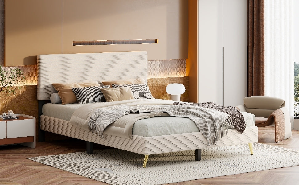 Queen Size Corduroy Upholstered Bed Frame, Platform Bed With Horizontal Stripe Headboard, No Box Spring Needed, Beige Queen Beige Bed Frame Solid Wood Mdf