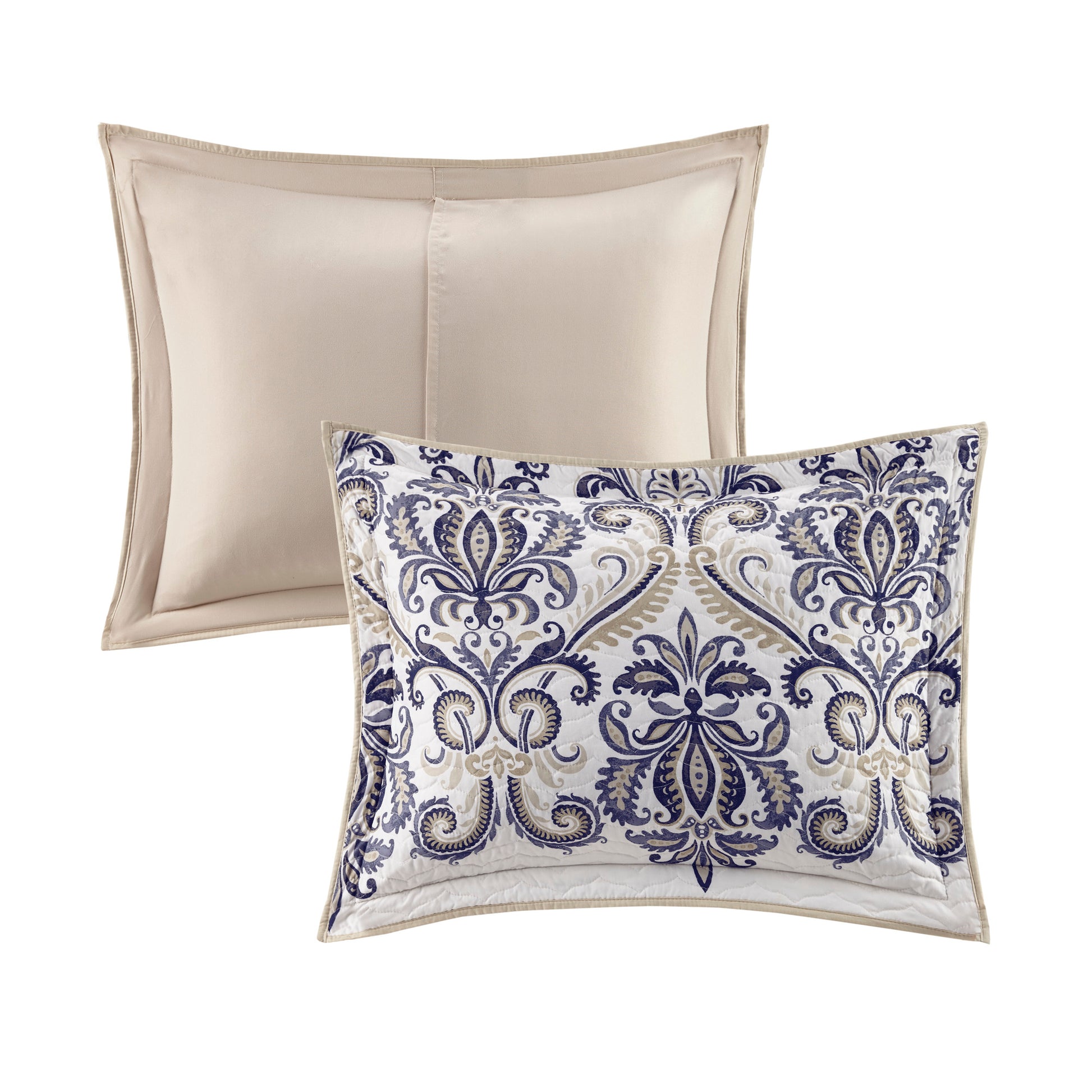6 Piece Reversible Quilt Set With Throw Pillows Navy Tan Full Queen Full Navy Cotton