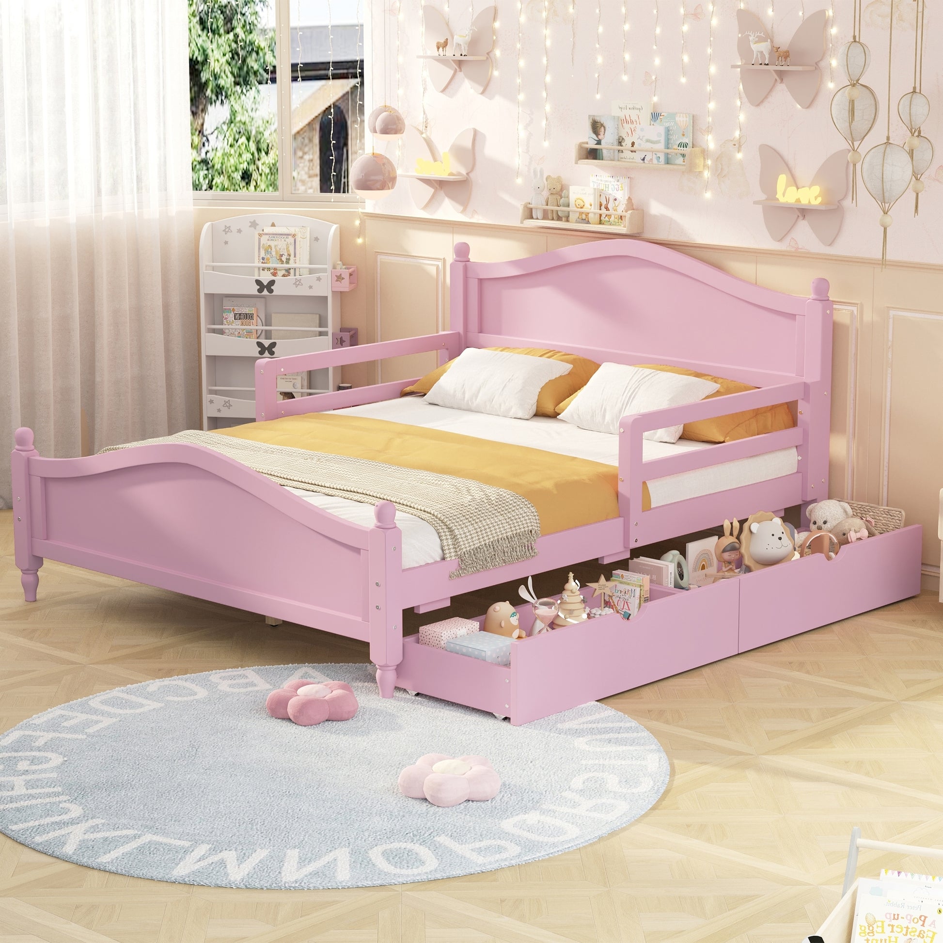 Full Size Wood Platform Bed With Guardrails On Both Sides And Two Storage Drawers ,Pink Full Pink Wood