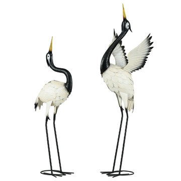 Outsunny Heron Garden Statues, 35.5" & 40.5" Standing Bird Sculptures, Metal Yard Art Decor For Lawn, Patio, Backyard, Landscape Decoration Set Of 2, White & Black Multicolor Steel
