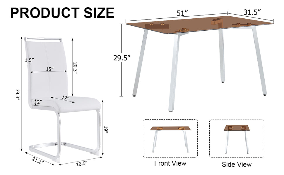 1 Table And 4 Chairs, Brown Tempered Glass Tabletop And Silver Metal Legs, Modern Minimalist Style Rectangular Glass Dining Table, Paired With 4 Modern Silver Metal Leg Chairs. 1123C 1162 Brown Seats 4 Glass