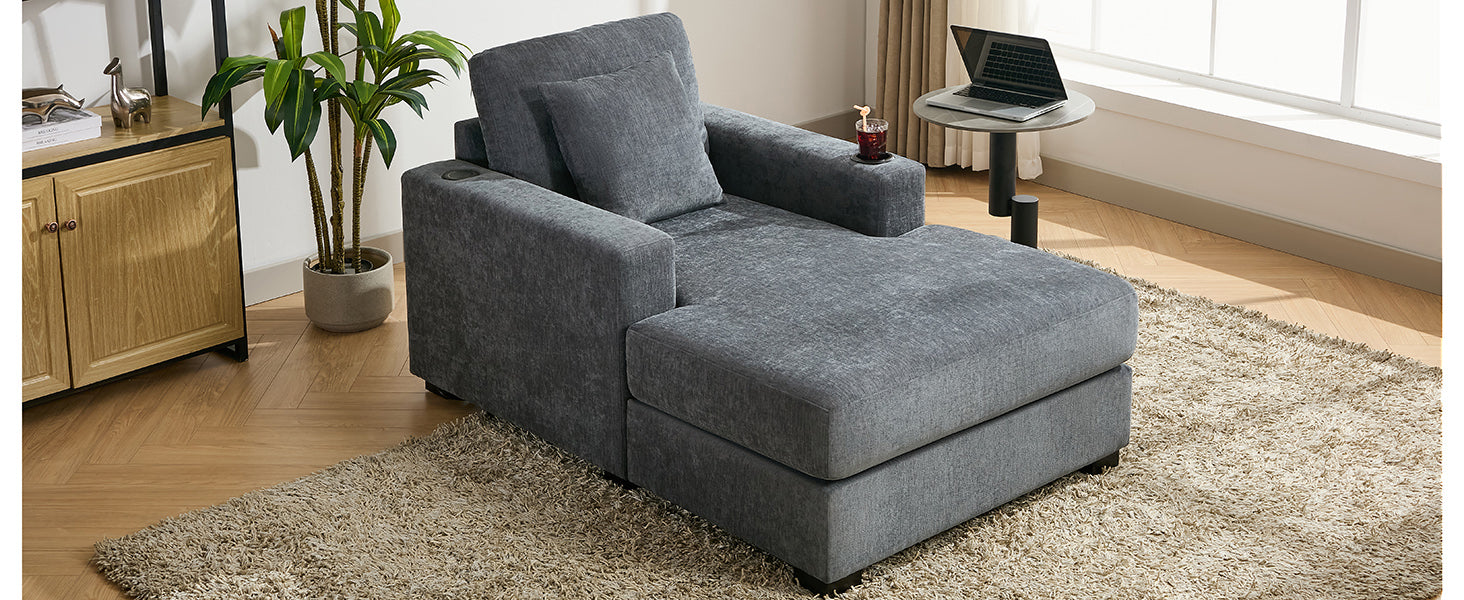 39.7" Oversized Chaise Lounger Modern Style Sofa Couch ,With Pillows, Charge Station & Cup Holders, Chenille Fabric, Blue Gray Blue Gray Chenille