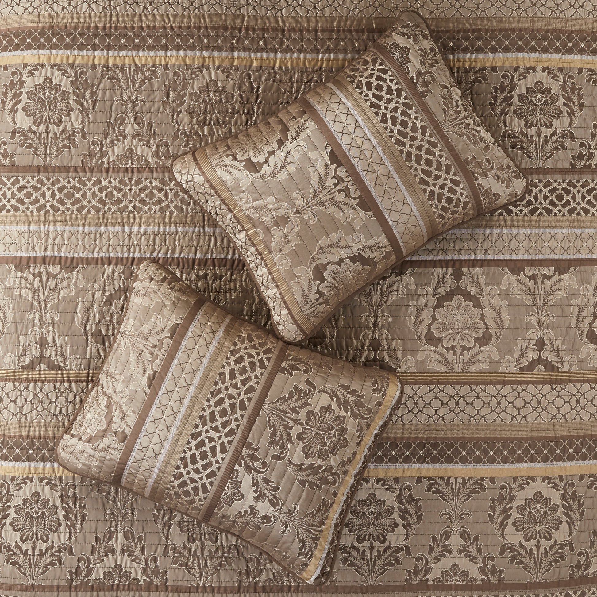 6 Piece Jacquard Quilt Set With Throw Pillows Brown Gold Full Queen Full Brown Gold Cotton
