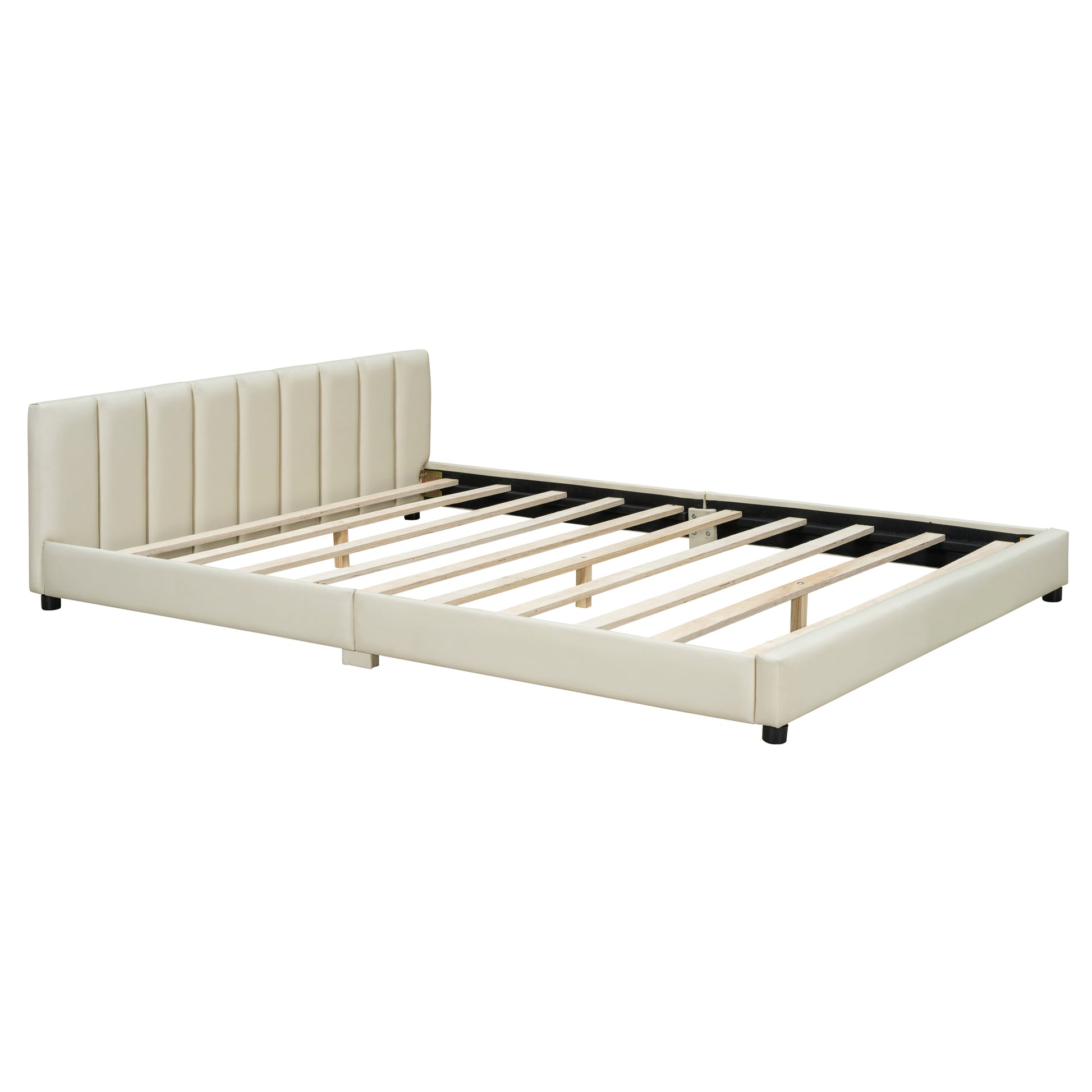 Queen Size & Twin Xl Size Upholstered Platform Bed, Mother & Child Bed, Pu Leather, Beige Beige Pu Leather