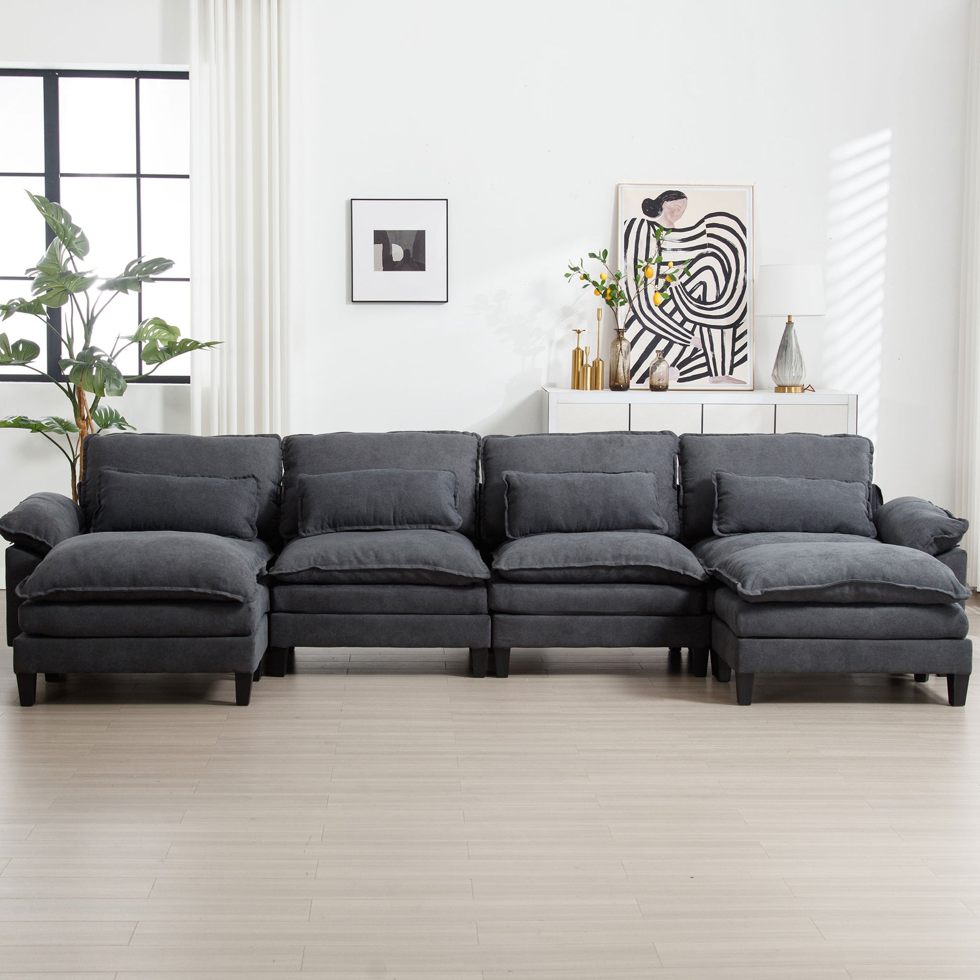 154.8" Oversized Modular Sofaice Velvet Large U Shaped Couch Comfy Upholstered 4 Seat Sofa With 2 Ottoman, 4 Lumbar Pillow, Deep Seat Couch For Living Room Dark Gray Primary Living Space Modern Foam Polyester 6 Seat