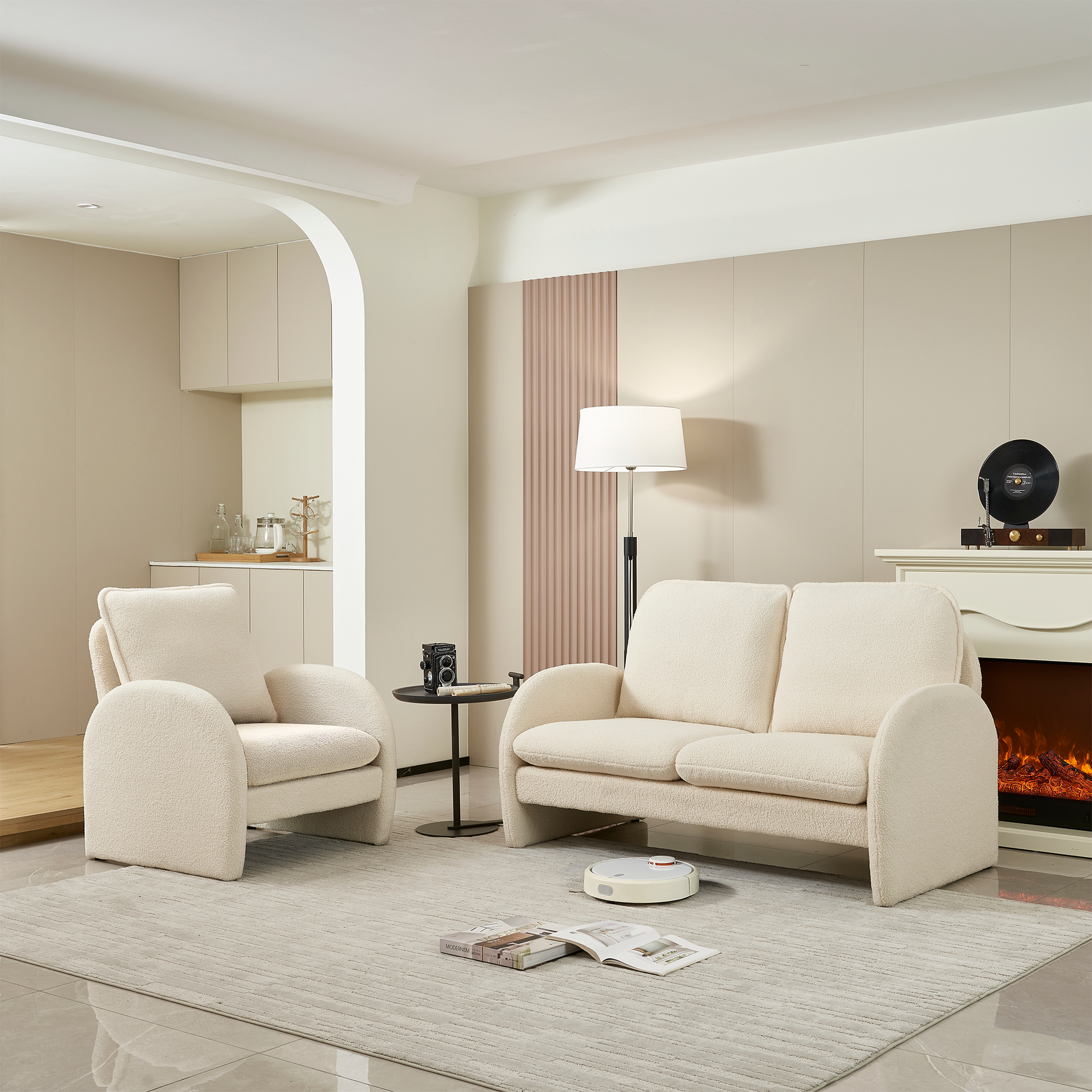 59" Loveseat Sofa Small Couch For Living Room, Sherpa Fabric Upholstered Loveseat Sofa Couch, Small Loveseat Sofa For Apartment, Bedroom Beige Foam Sherpa 2 Seat