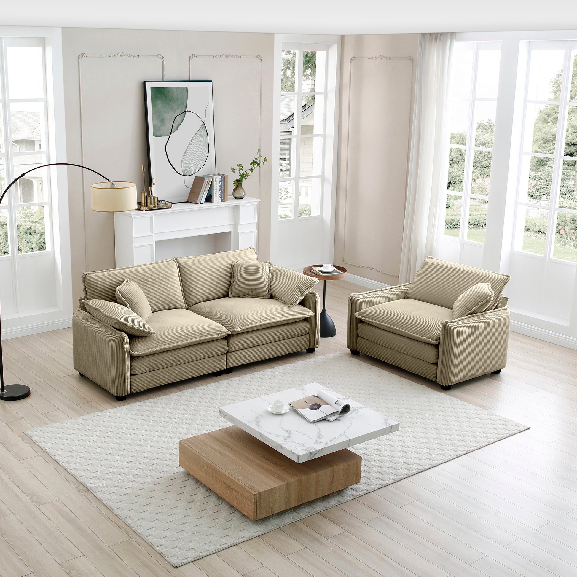 Modern Living Room Sofa Two Pieces Set, Suitable For Living Room And Small Apartment2 Pieces Sofa Set Consists Of A Single Seat Sofa And A 2 Seater Sofas,Tan Corduroy Tan Corduroy 3 Seat