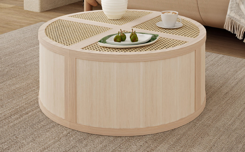 Round To Square Block Modular Coffee Table Light Natural Rattan With Storage 4 Piece Light Natural Rubber Wood