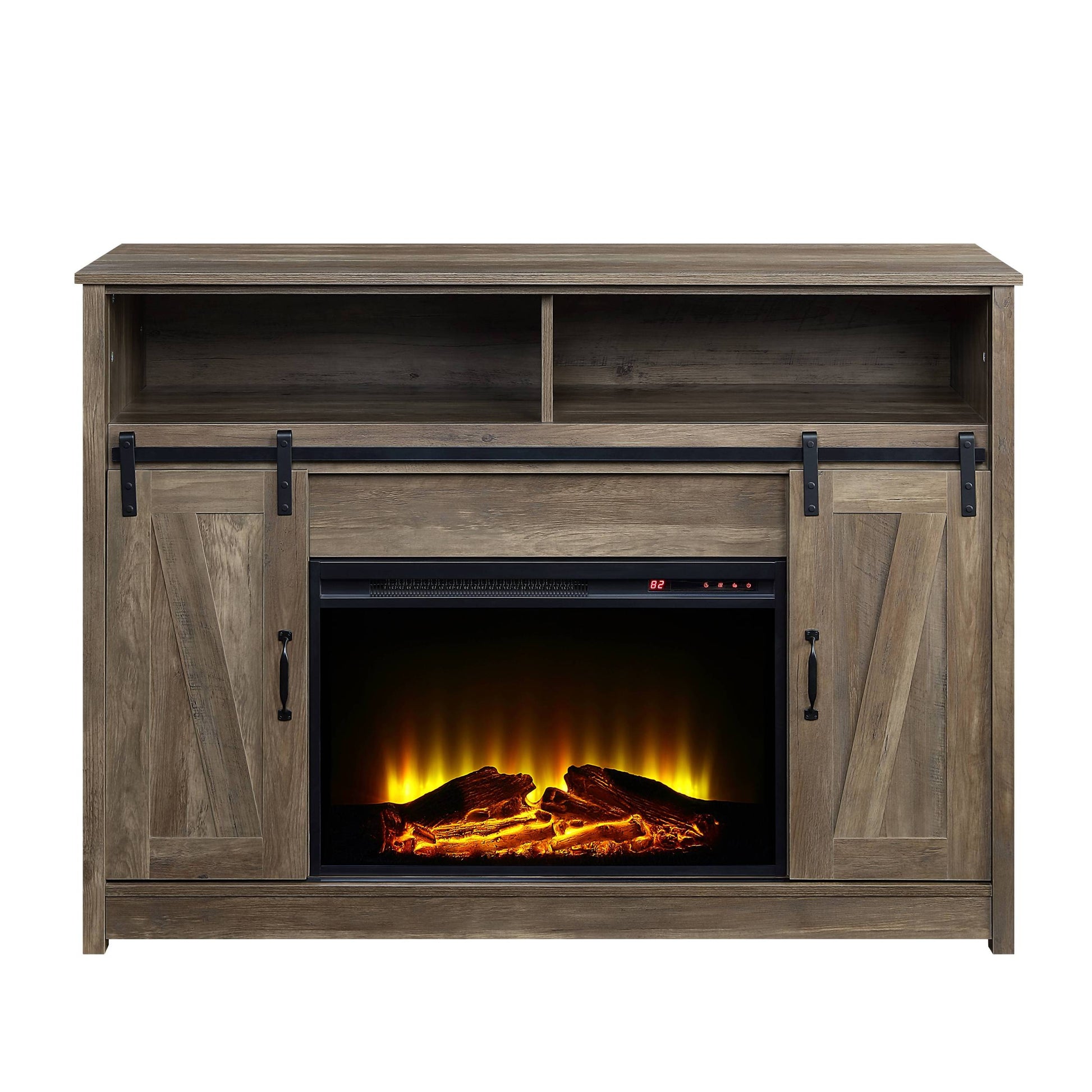 Rustic Oak 2 Door Fireplace With 2 Shelves Electric Rustic Primary Living Space Farmhouse,Rustic No Freestanding Paper Composite Electric