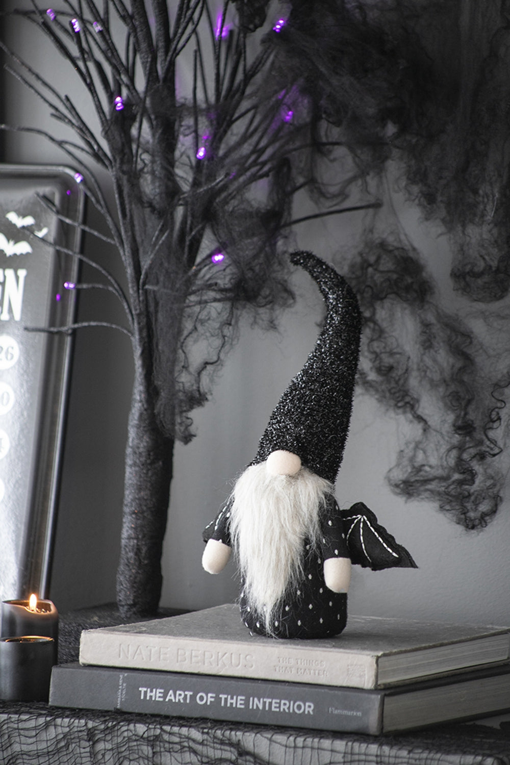 10X3X15.5" Fabric Black Gnome With Wings Decor, For Halloween Decor Black White Polyester