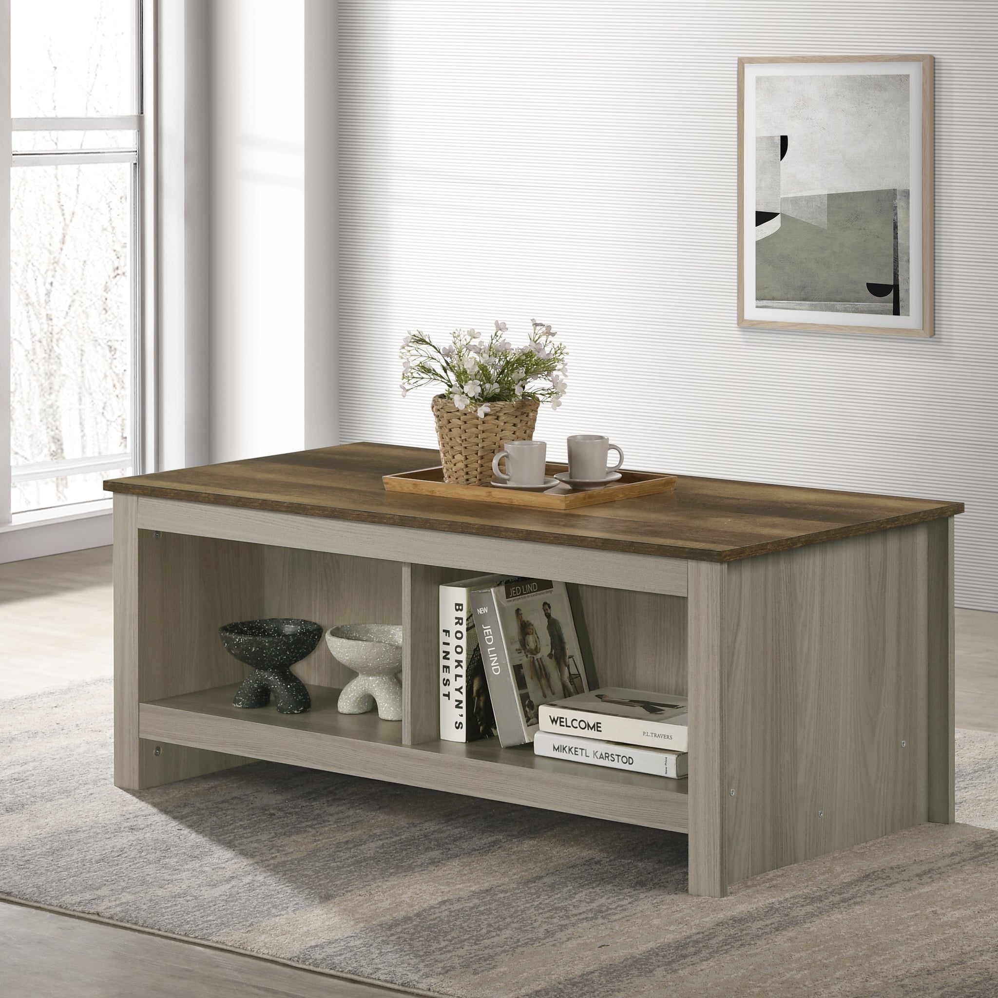 Nyla 43"W Gray Oak Coffee Table With Open Shelves Front And Back Gray Wood