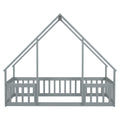 Twin Wood House Shaped Floor Bed With Fence, Guardrails ,Grey Twin Grey American Design Pine