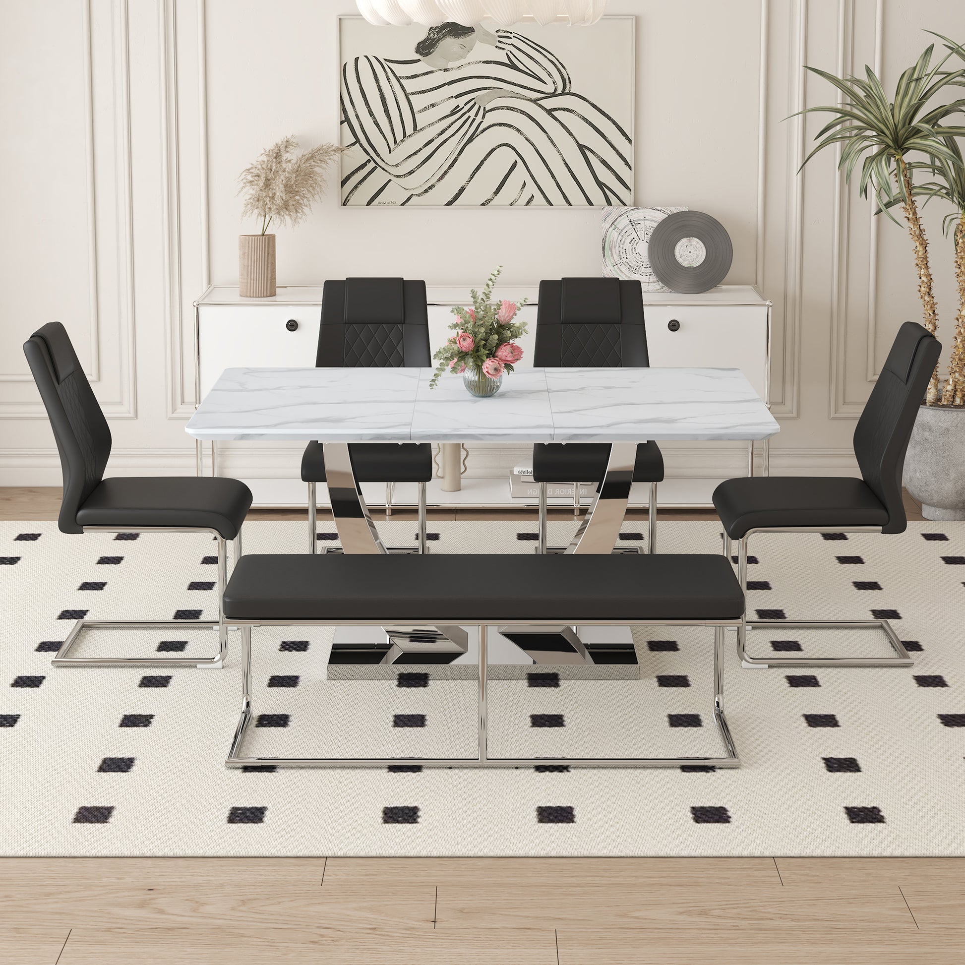 Table And Chair Set. Large Modern Rectangular Table With White Textured Top And Silver Metal Legs. Soft And Comfortable Pu Seats, Faux Leather Upholstered Seats And Sturdy Metal Legs. White Black Mdf Metal