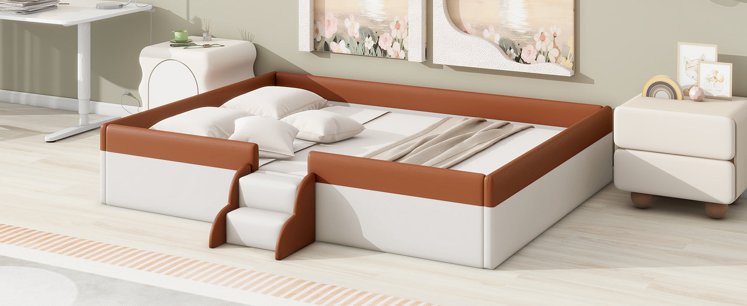 Queen Size Upholstered Daybed Frame With Fence And Stairs, Brown White Queen Brown White Mdf Lvl