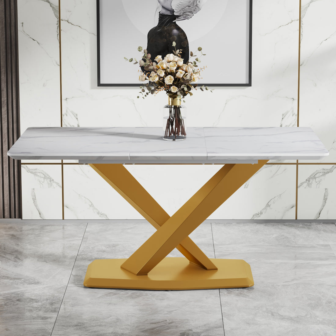 Large Modern Minimalist Rectangular White Imitation Marble Dining Table For 6 8 People With Mdf Top And Golden Legs, F 1551 Gold Mdf