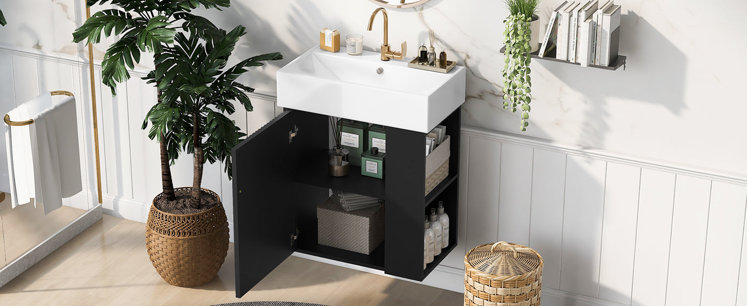 Video 21.6 Inch Modern Floating Bathroom Vanity With Ceramic Basin Perfect For Small Bathrooms, Right Side Storage Black Bathroom Ceramic Mdf